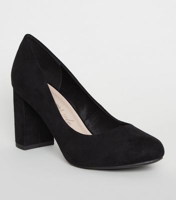 black leather block heel court shoes