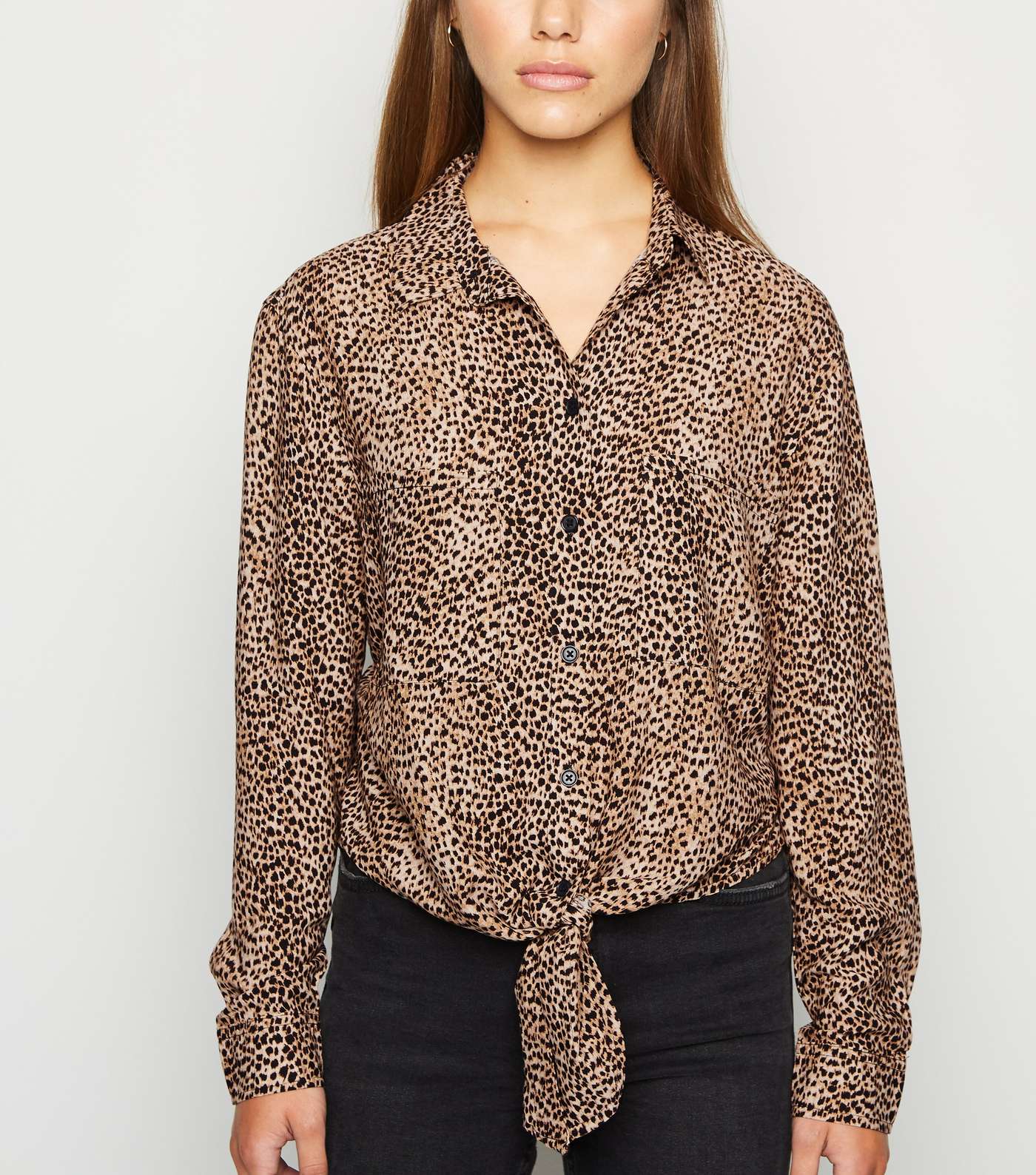 Petite Brown Leopard Print Tie Front Shirt 