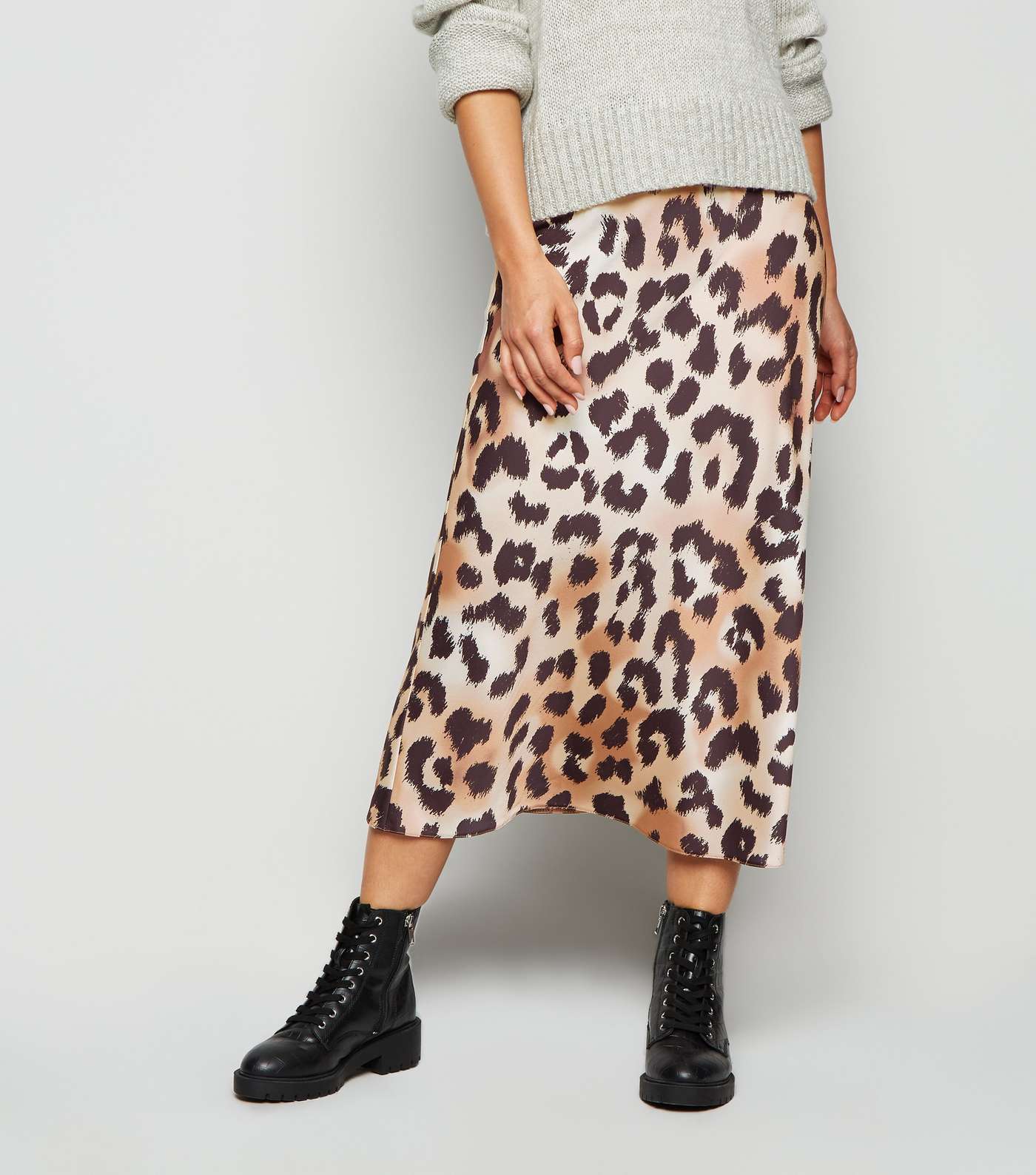 Petite Brown Leopard Print Satin Midi Skirt Image 2