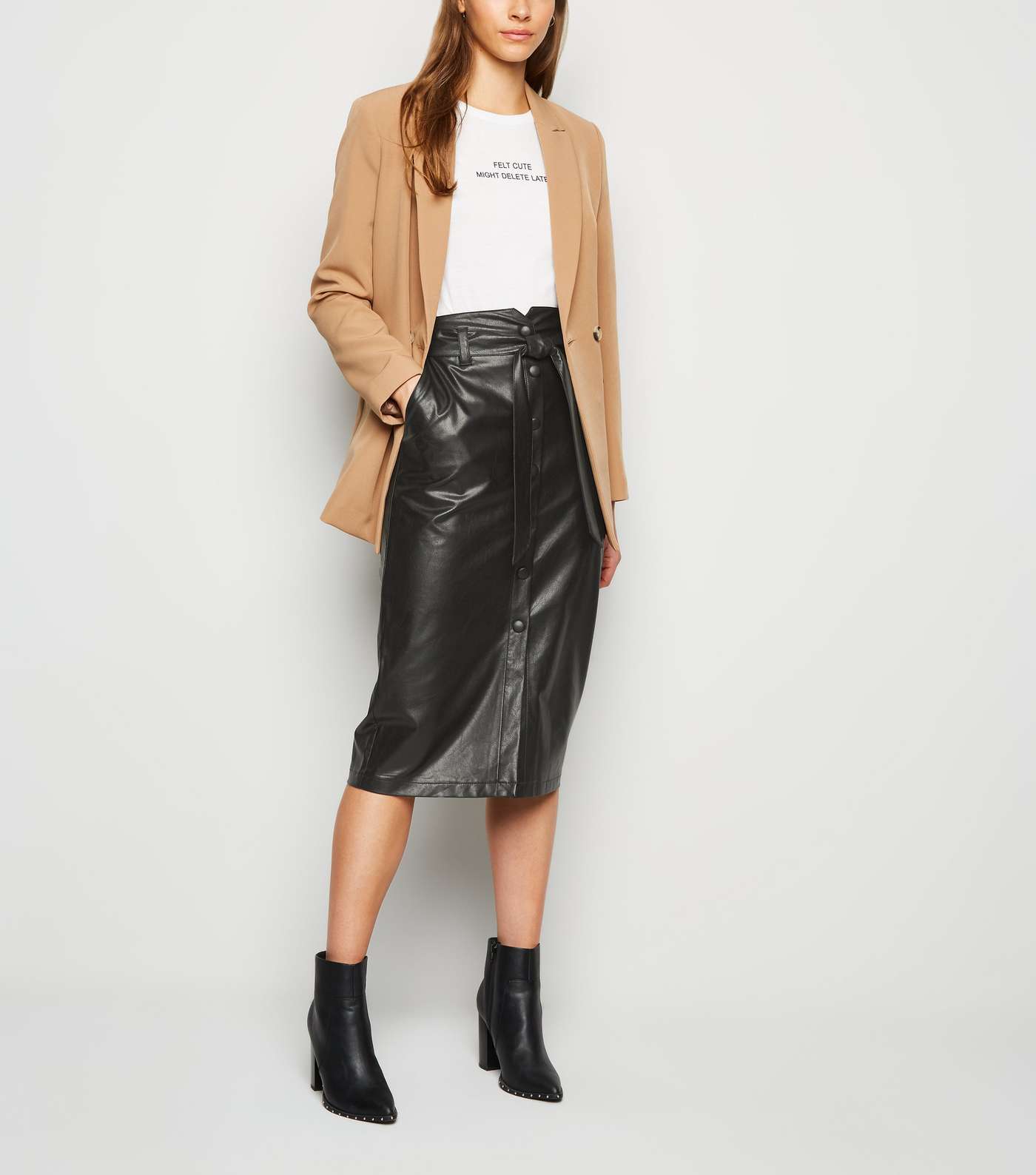 Tall Black Leather-Look High Waist Pencil Skirt 