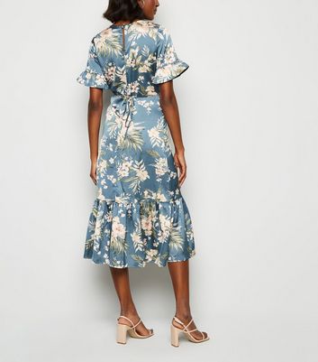 Image of Blue Vanilla Blue Satin Floral Frill Trim Midi Dress New Look