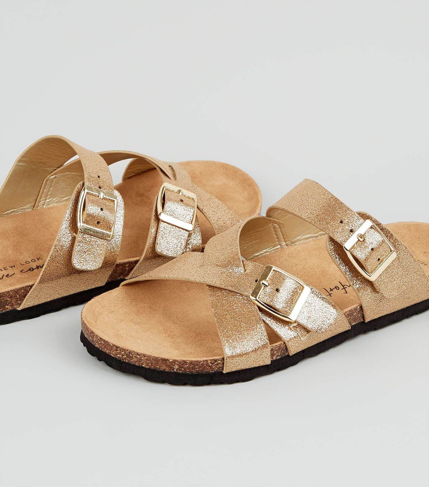 Wide Fit Gold Cross Strap Buckle Footbed Sandals Image 4