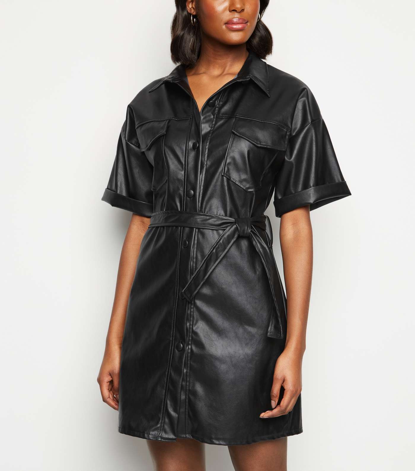 Cameo Rose Black Leather-Look Utility Shirt Dress
