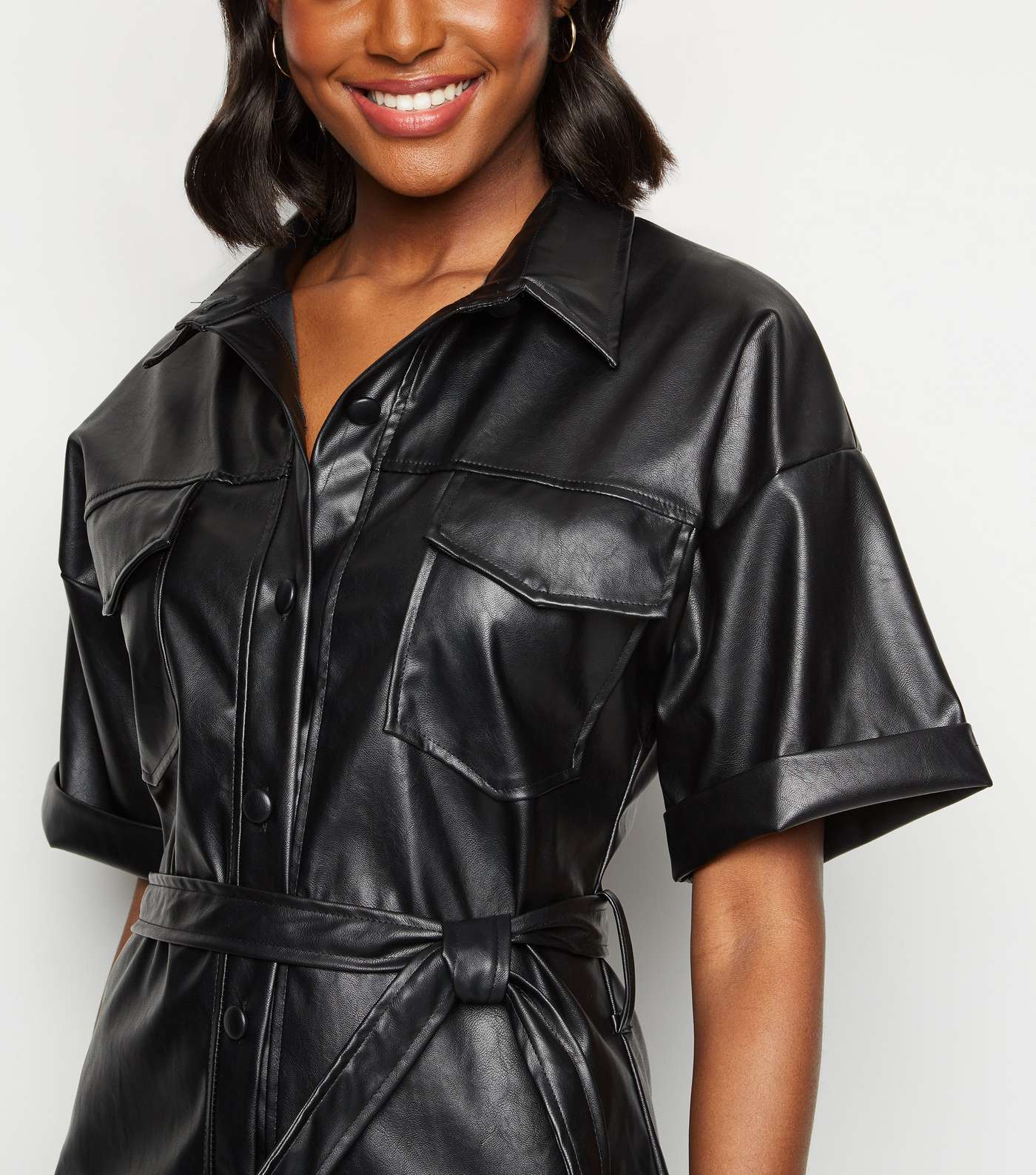 Cameo Rose Black Leather-Look Utility Shirt Dress Image 5