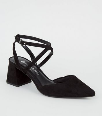 Black Suedette Cross Strap Flared Heel 