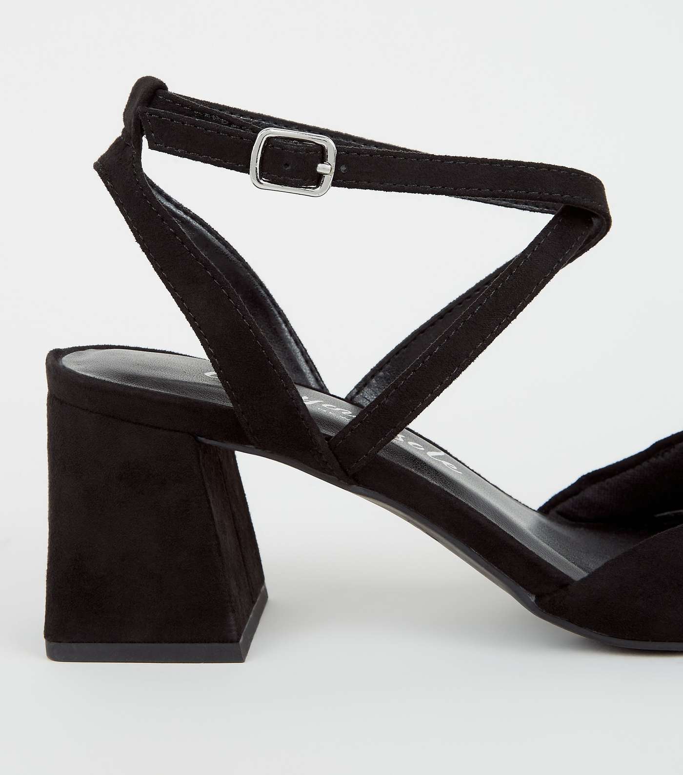 Black Suedette Cross Strap Flared Heel Court Shoes Image 4