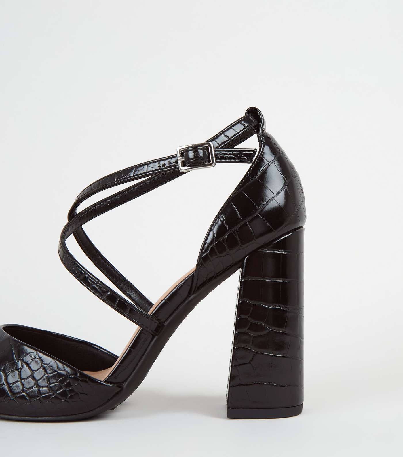 Wide Fit Black Faux Croc Flared Court Shoes Image 4