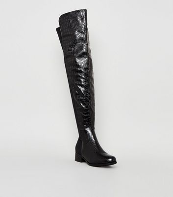black croc over the knee boots