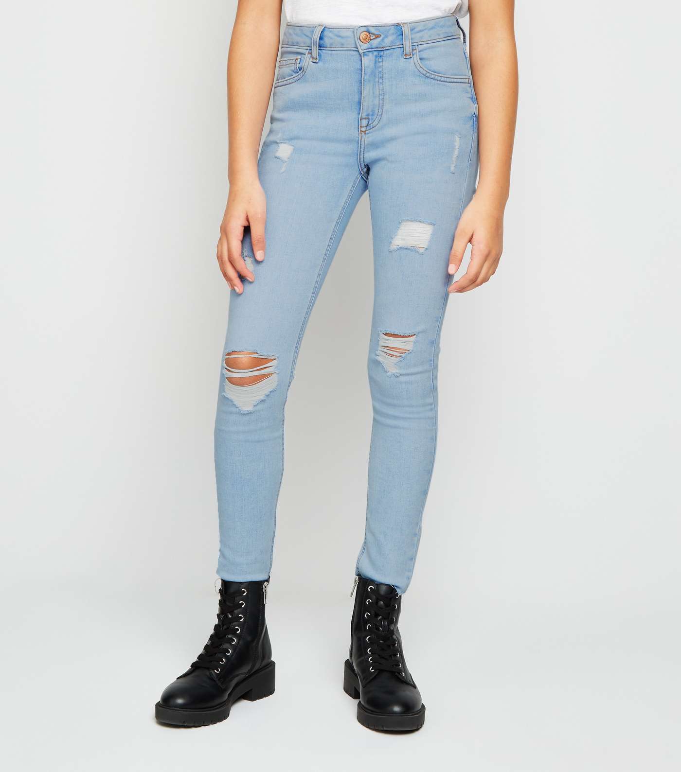 Girls Pale Blue Bleach Ripped Skinny Jeans Image 2