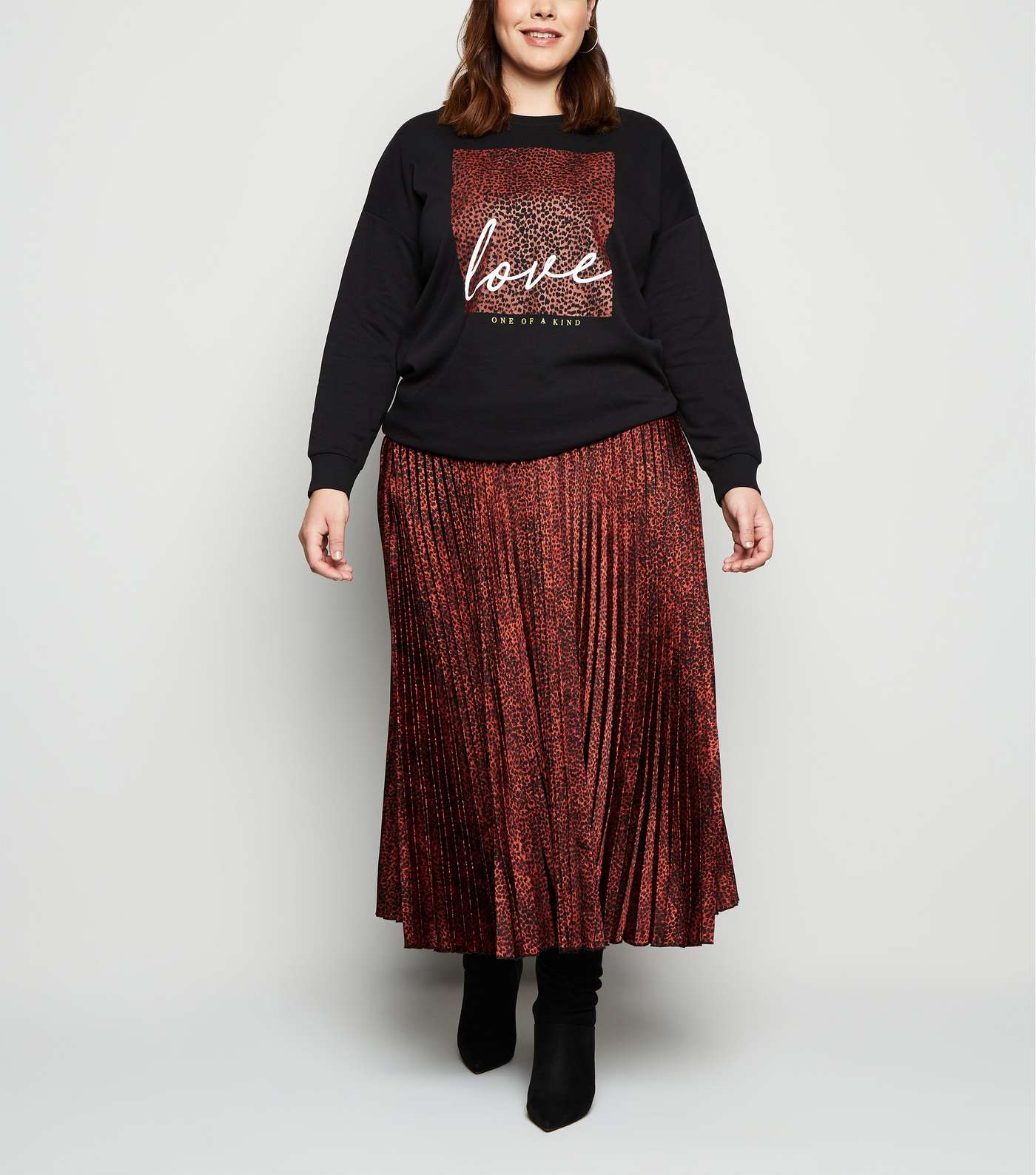 Curves Rust Leopard Print Pleated Midi Skirt