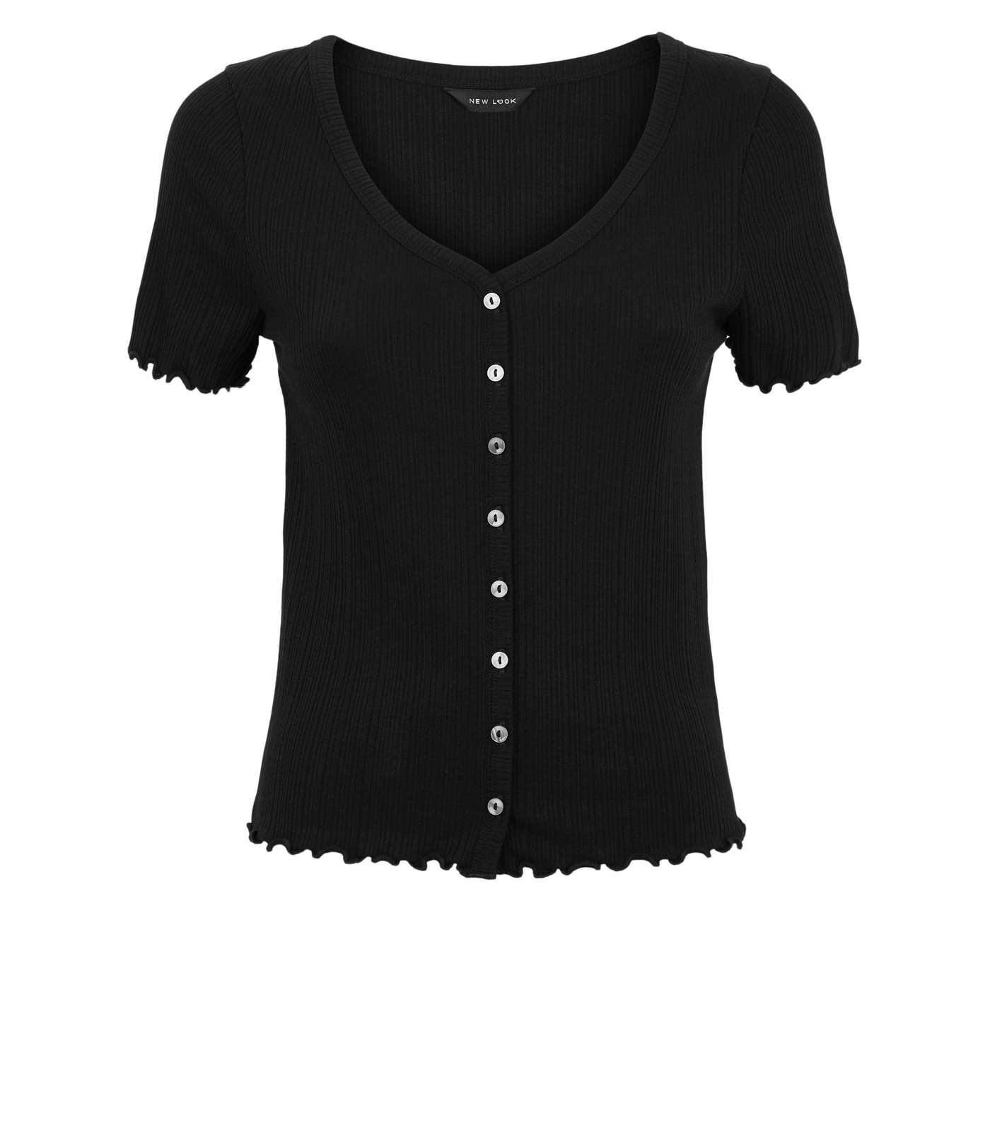 Black Ribbed Button Front T-Shirt Image 4
