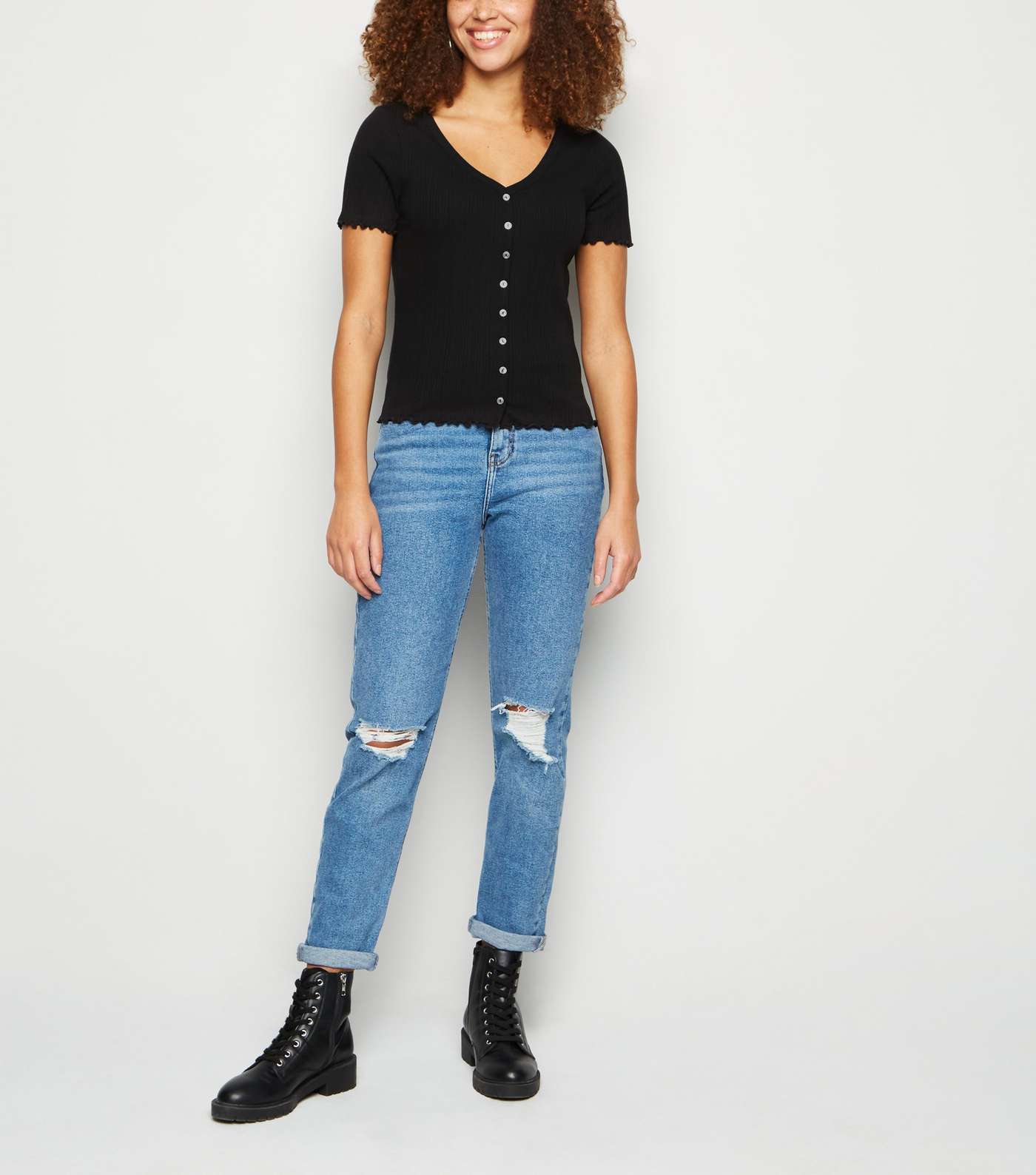 Black Ribbed Button Front T-Shirt Image 2