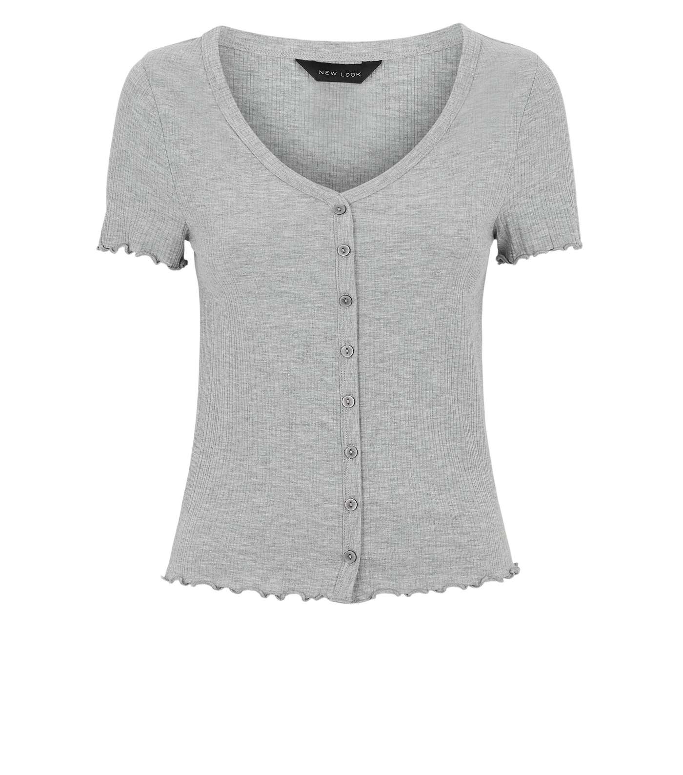 Grey Marl Ribbed Button Front T-Shirt Image 4