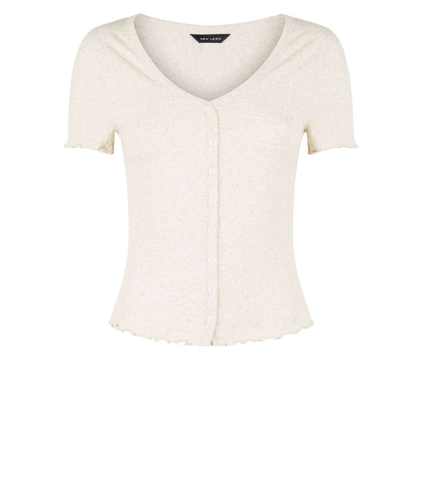 Cream Ribbed Button Front T-Shirt Image 4