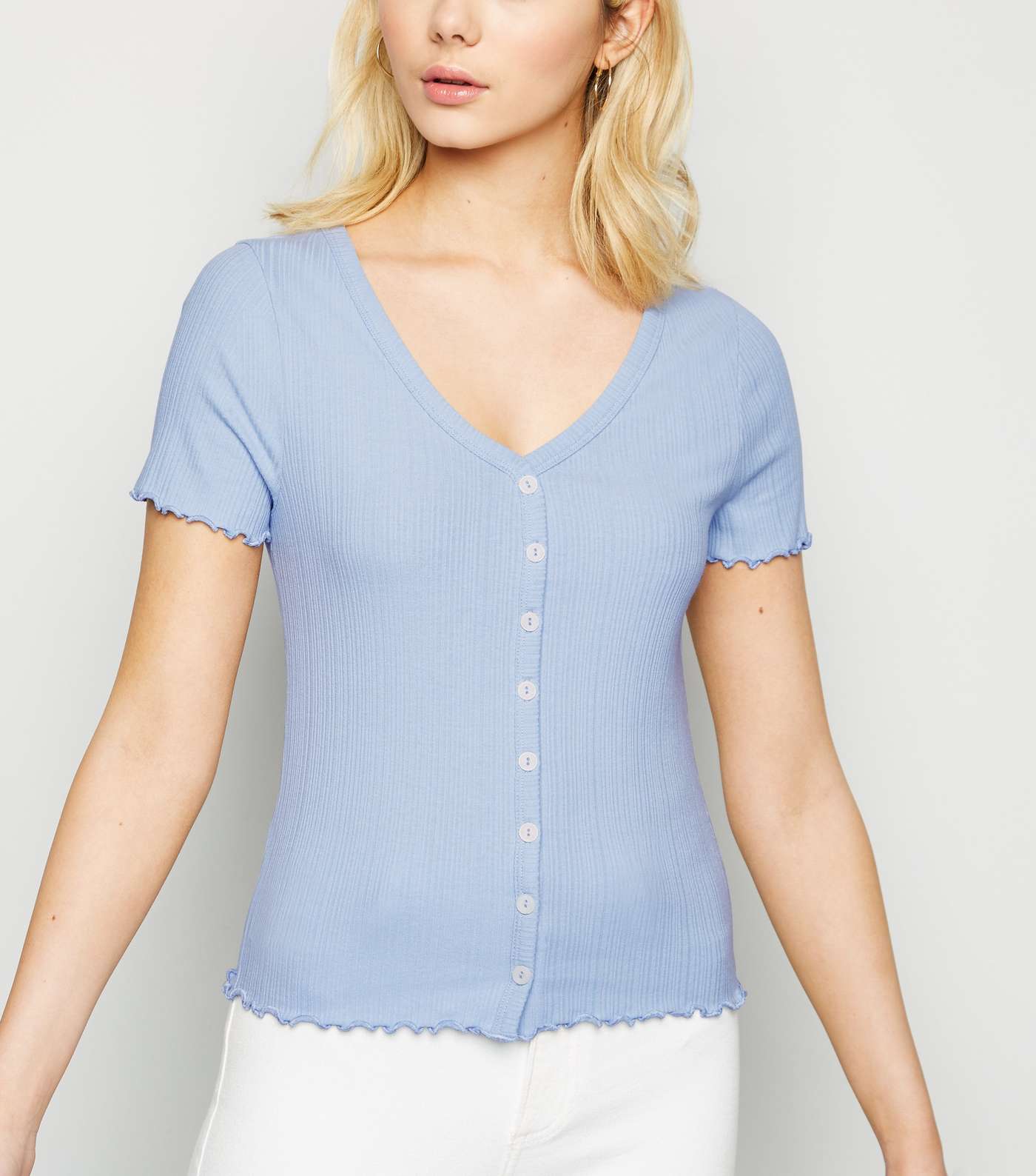 Pale Blue Ribbed Button Front T-Shirt