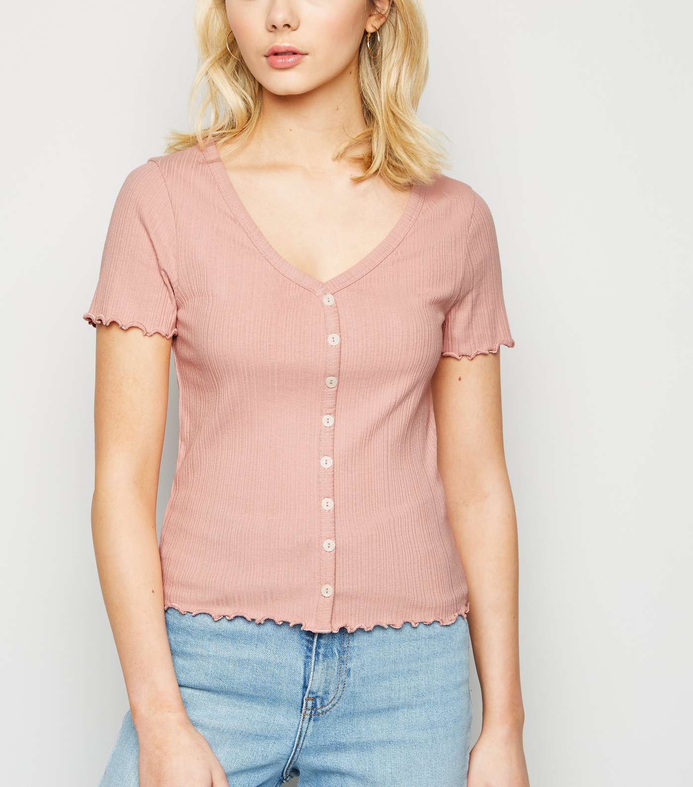 Pink Ribbed Button Front T-Shirt