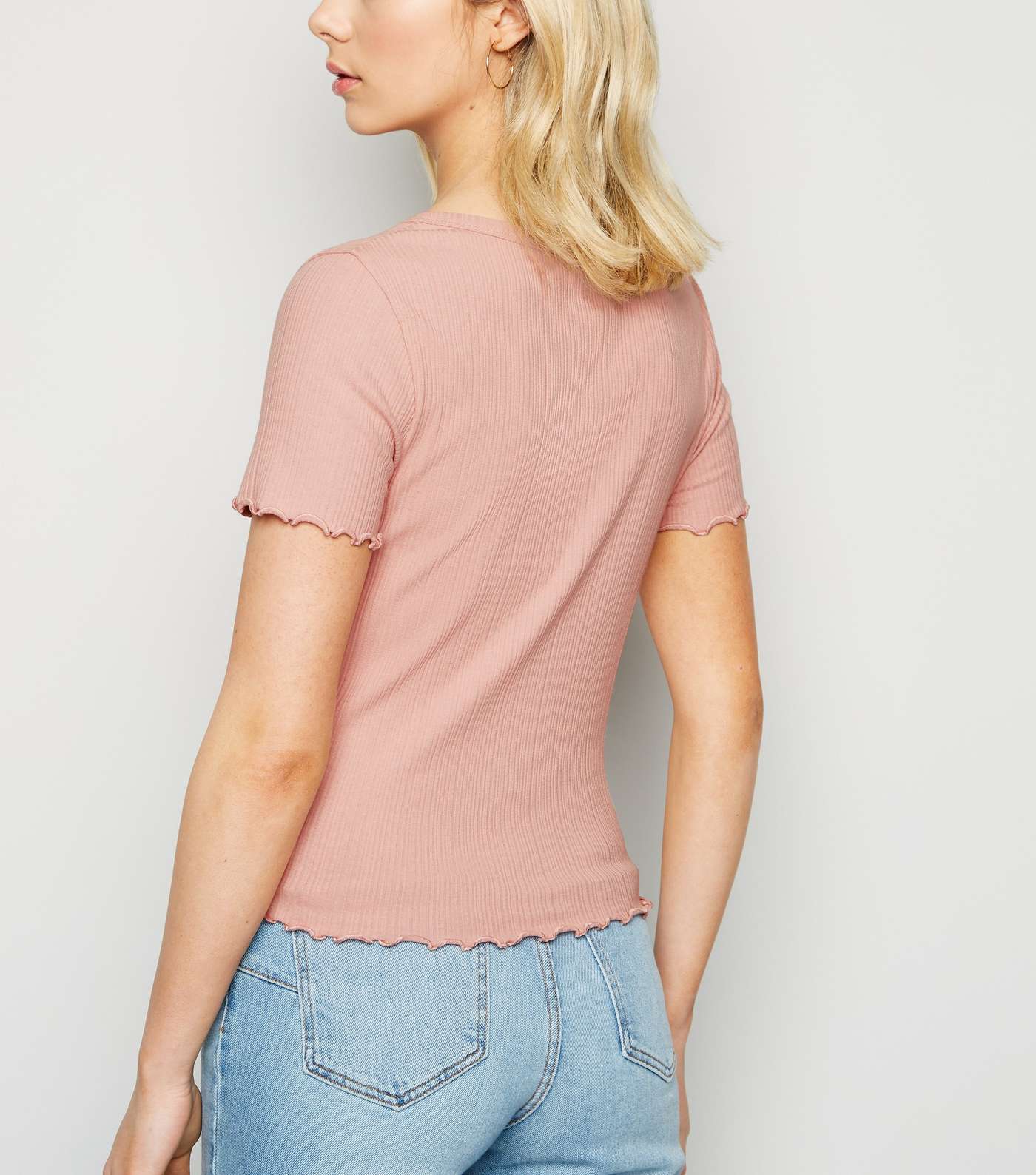 Pink Ribbed Button Front T-Shirt Image 3