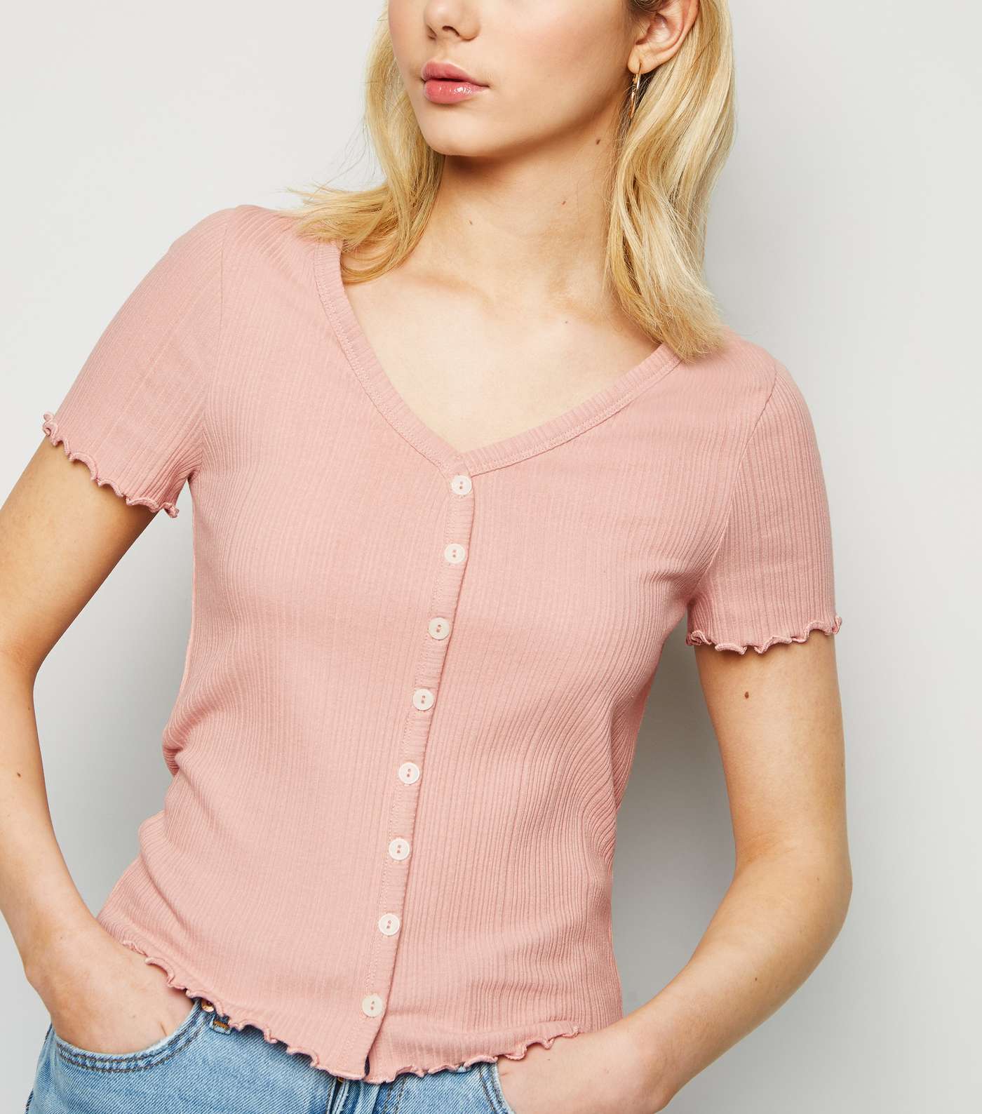 Pink Ribbed Button Front T-Shirt Image 5