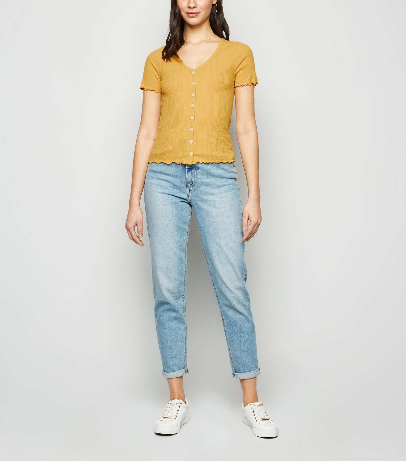 Mustard Ribbed Button Front T-Shirt Image 2