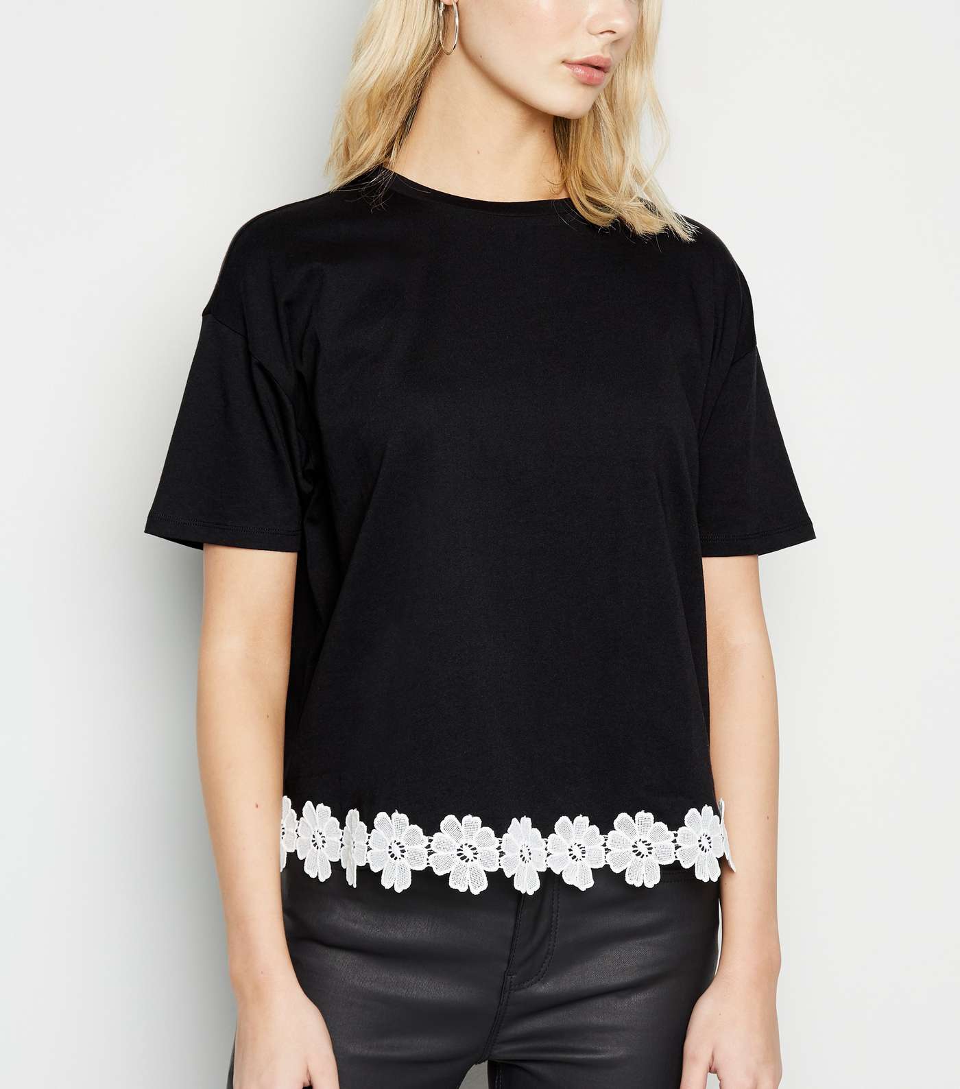 Black Floral Crochet Contrast Hem T-Shirt