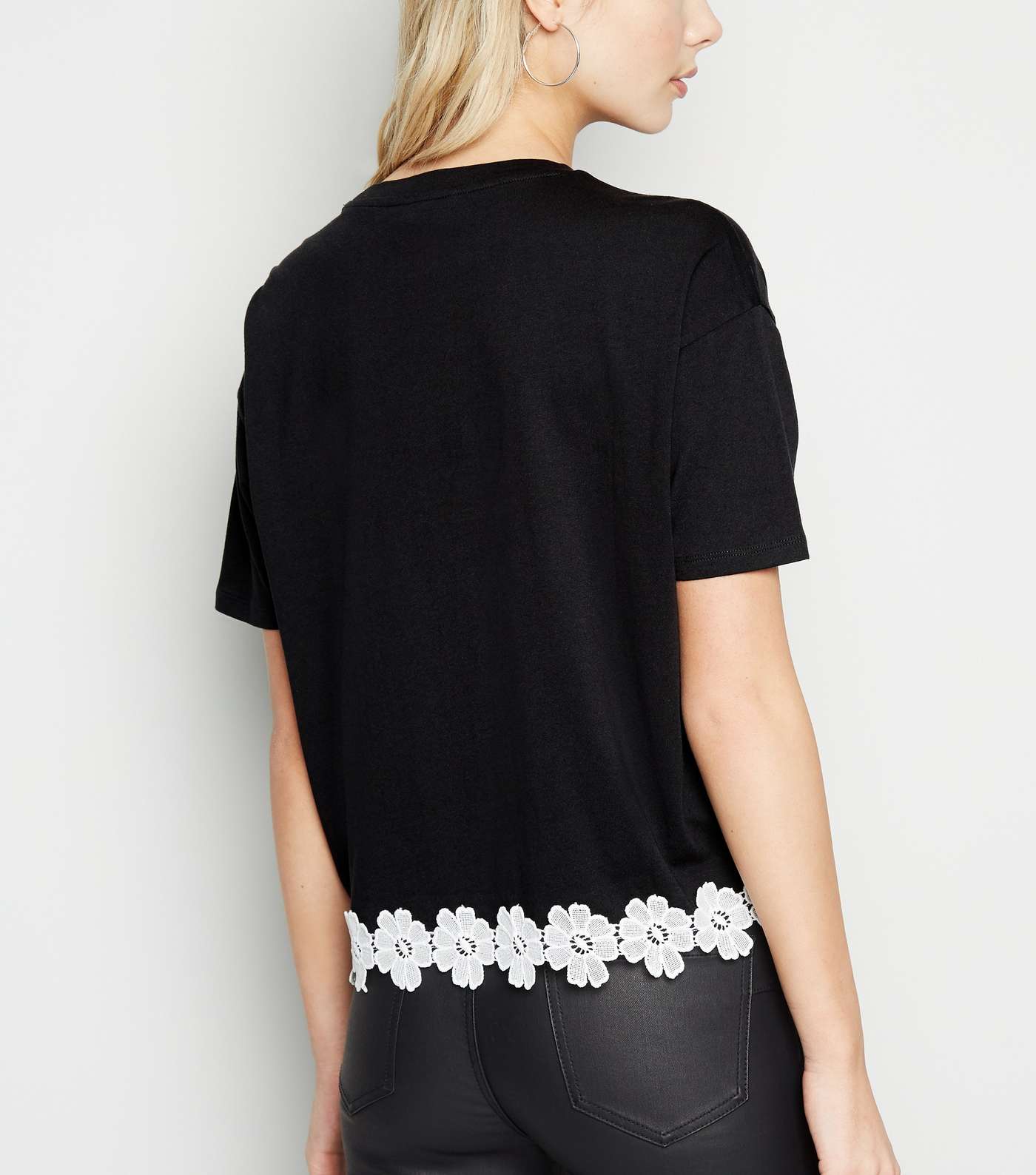 Black Floral Crochet Contrast Hem T-Shirt Image 3
