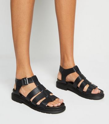 Black Leather-Look Caged Chunky Sandals 