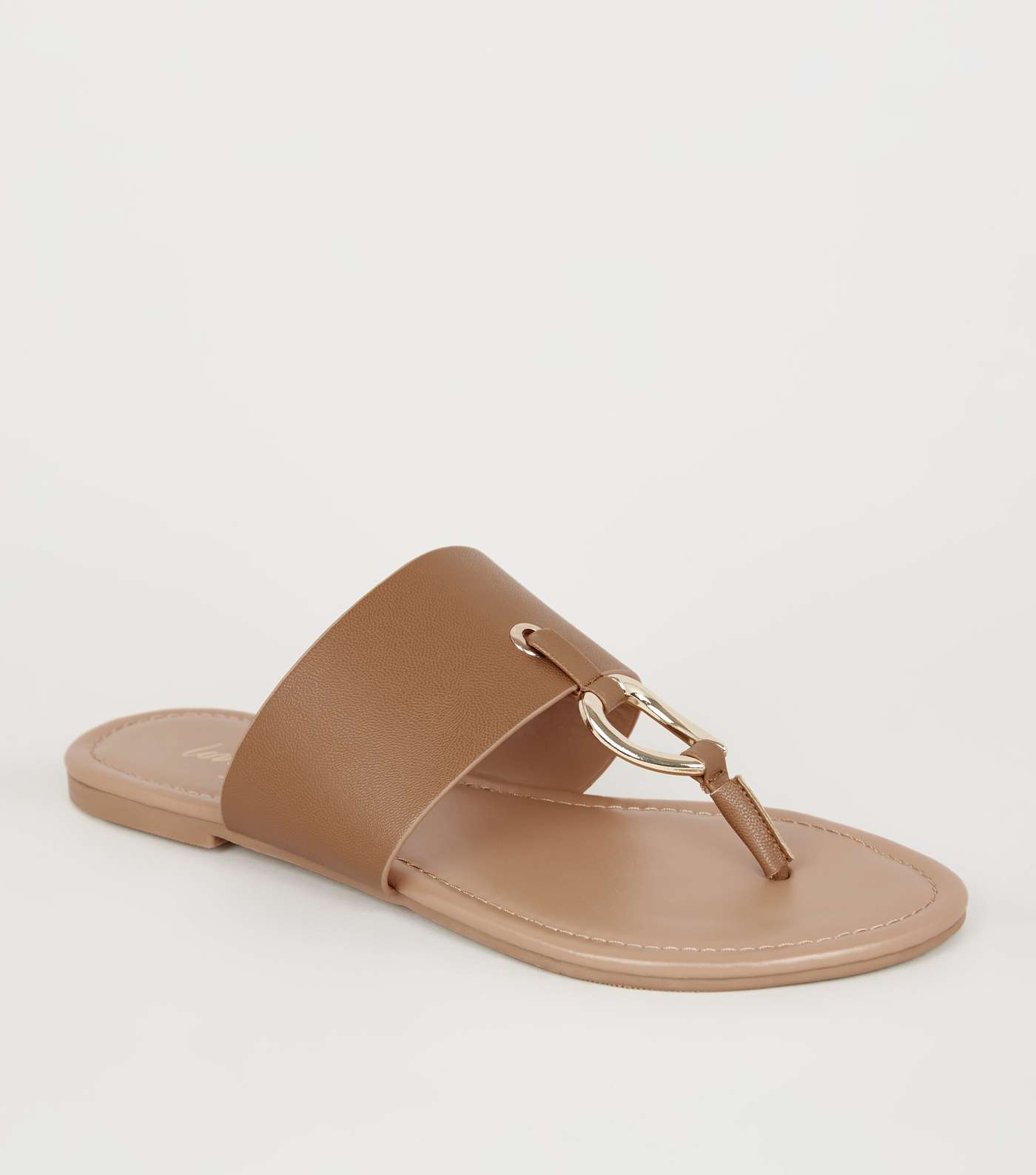 Tan Leather-Look Ring Strap Sandals