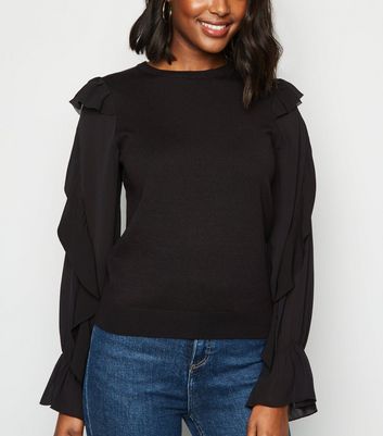 Black Frill Sleeve Fine Knit Jumper New Look