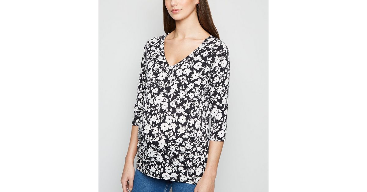 Maternity Black Floral V Neck Top | New Look
