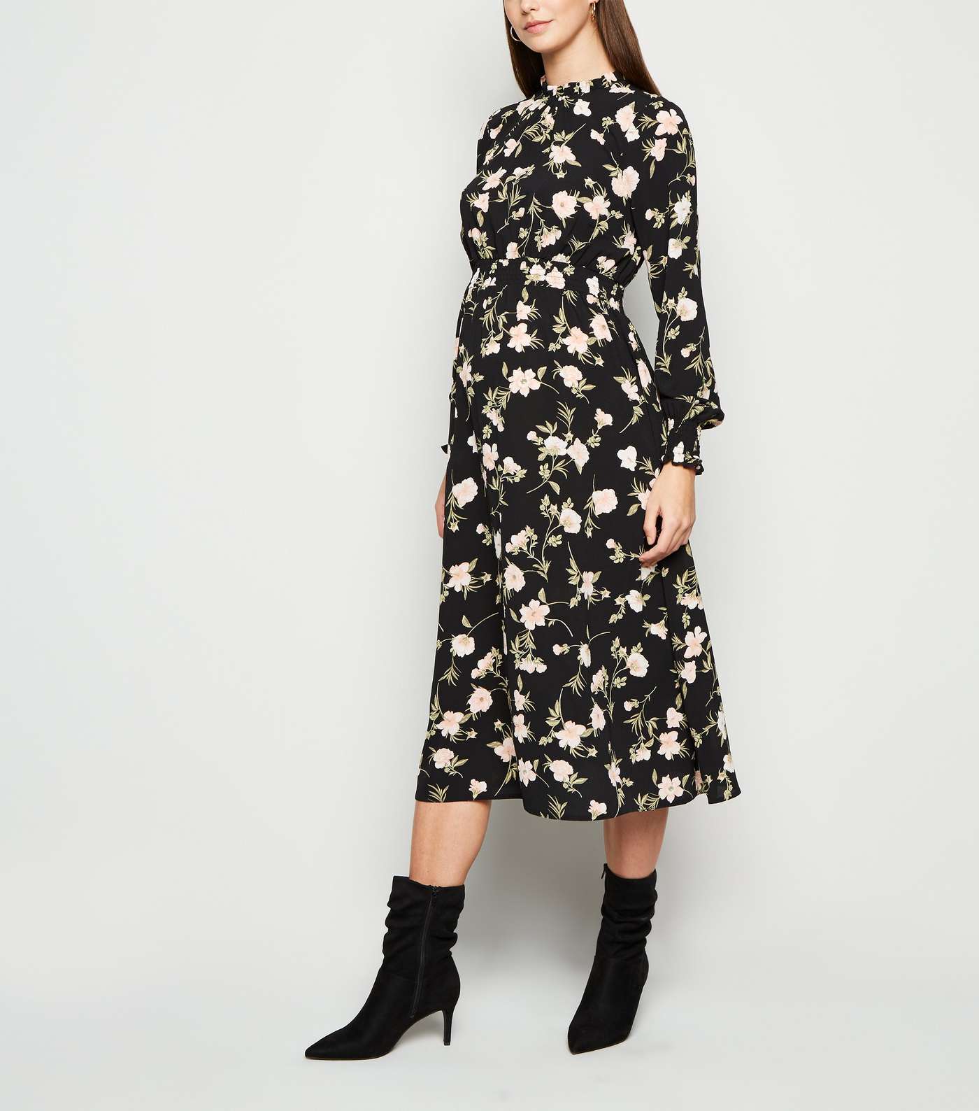 Maternity Black Floral Shirred Midi Dress