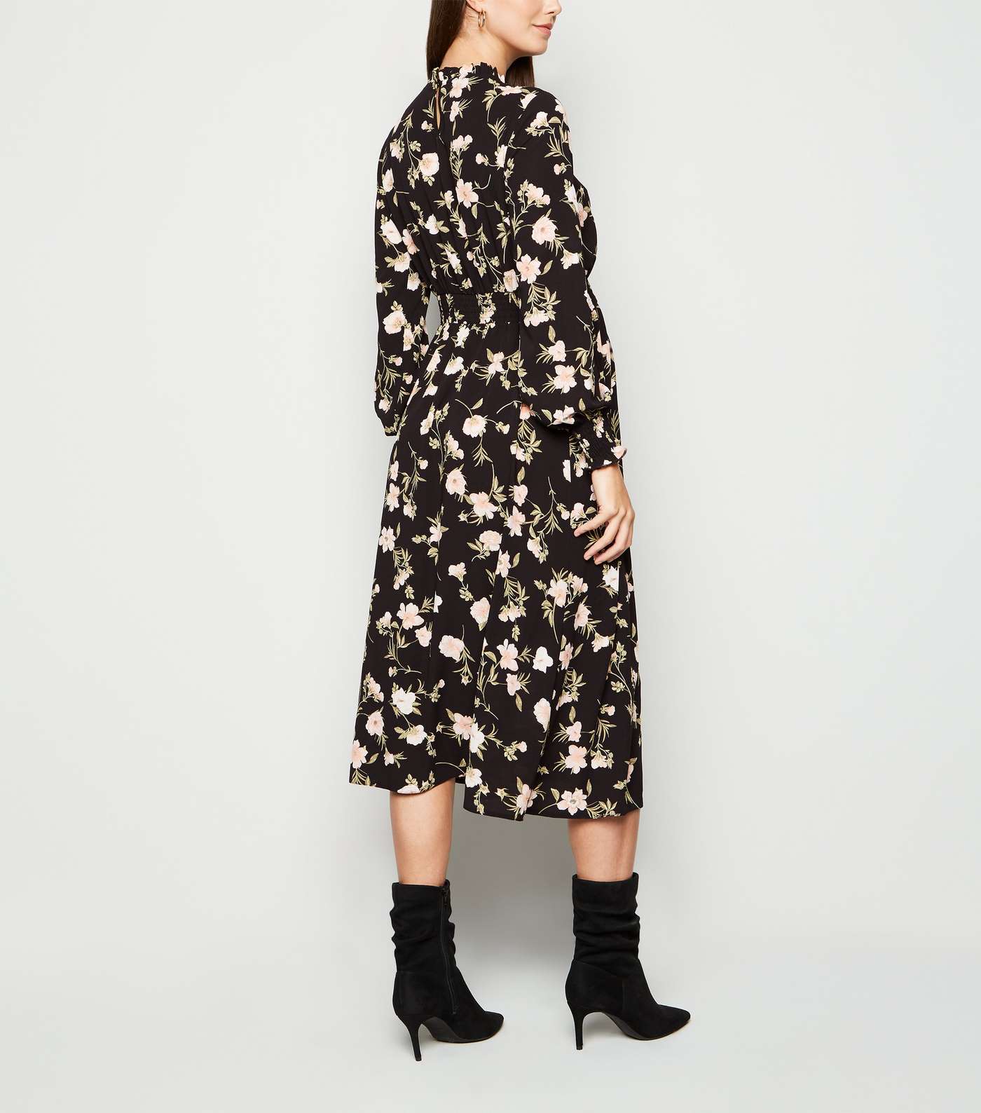 Maternity Black Floral Shirred Midi Dress Image 3