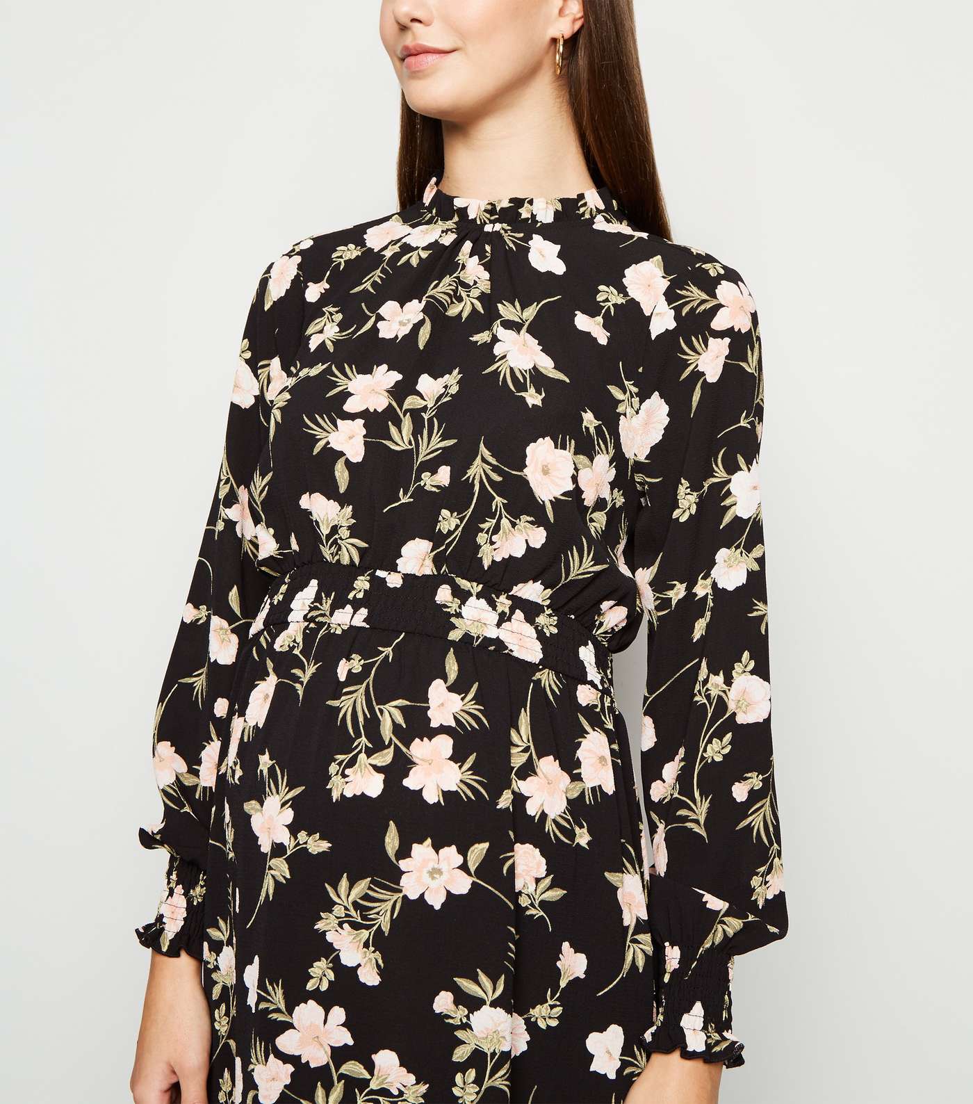 Maternity Black Floral Shirred Midi Dress Image 5