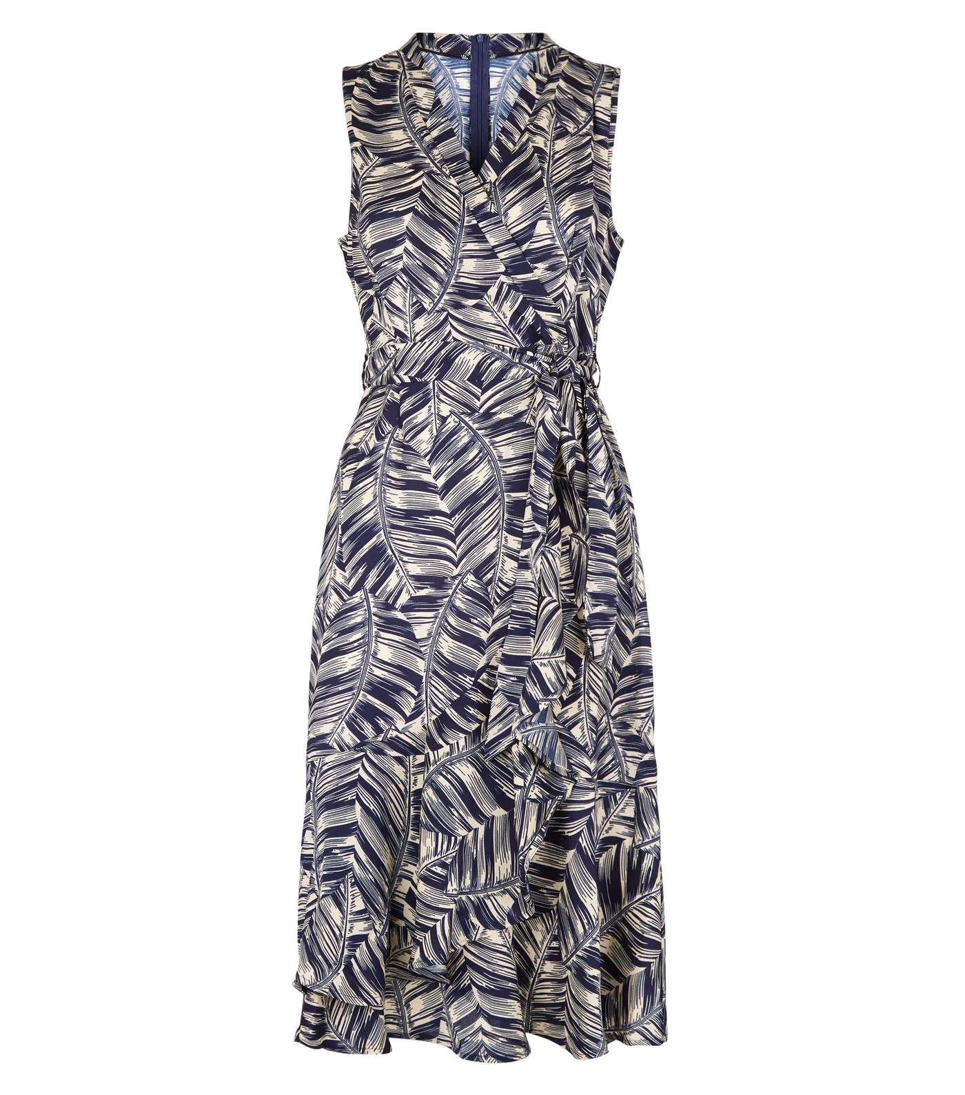 Mela Blue Leaf Print Frill Wrap Midi Dress Image 4