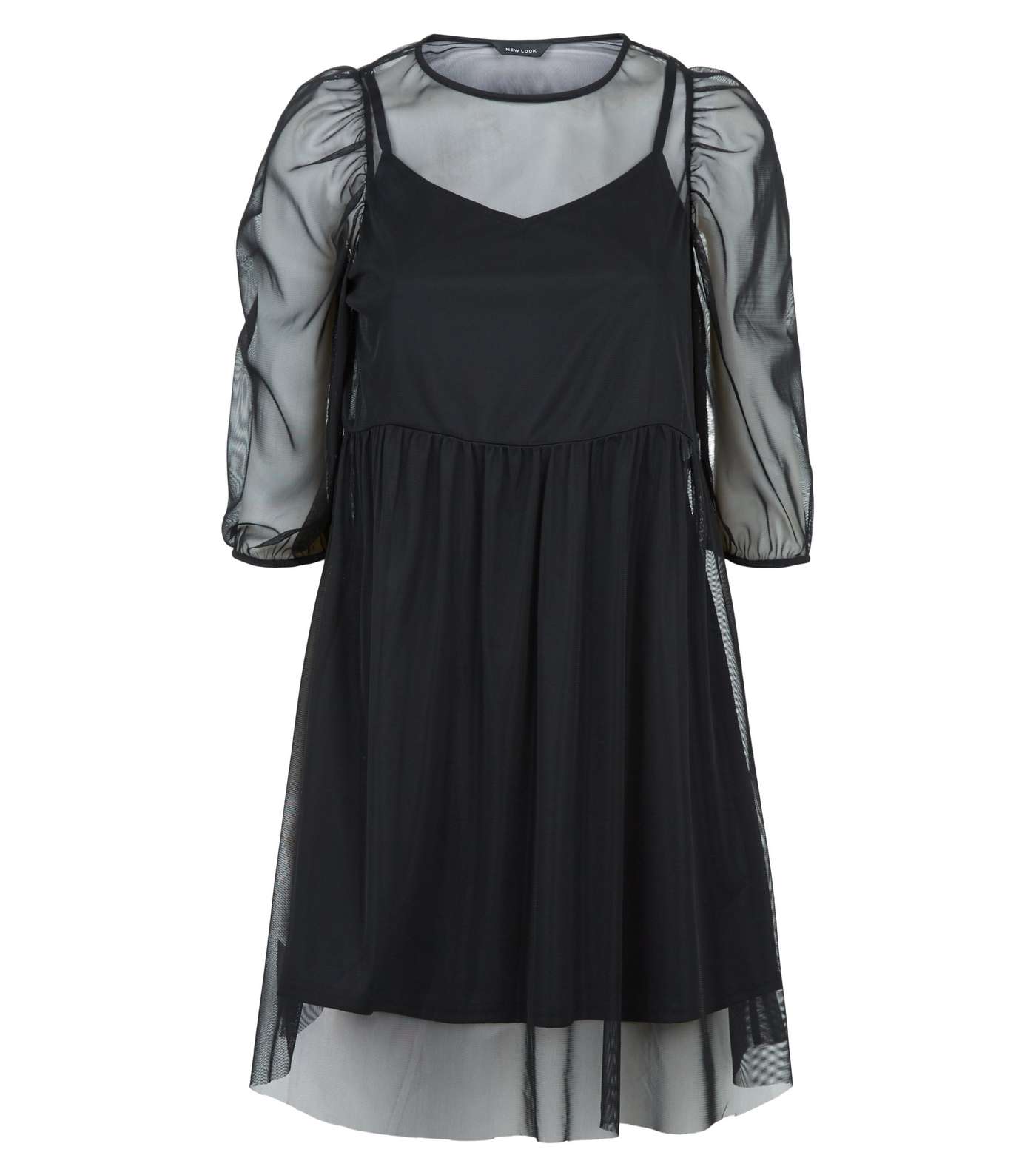 Black Mesh Puff Sleeve Mini Smock Dress Image 4