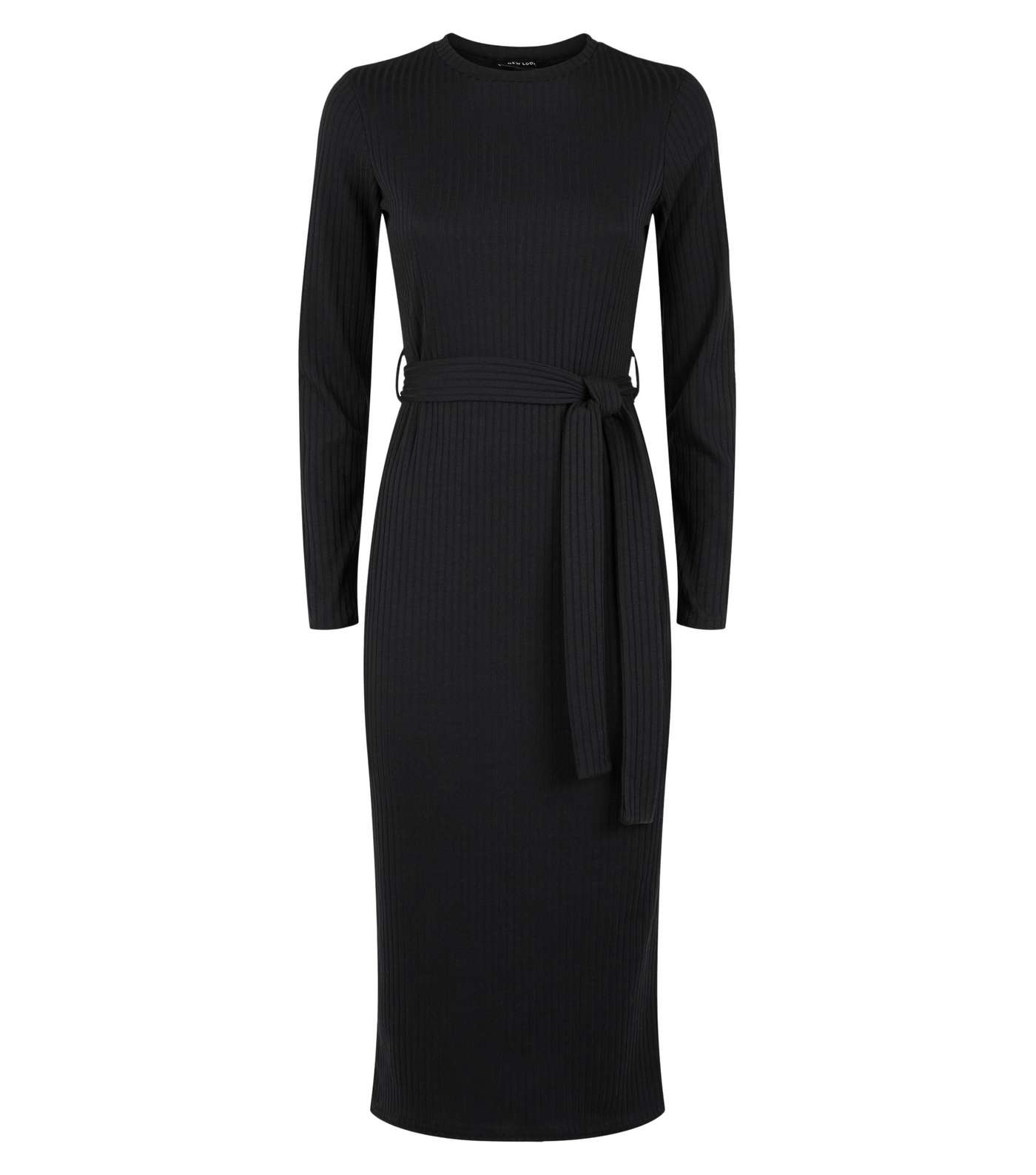 Black Ribbed Belted Midi Dress Image 4