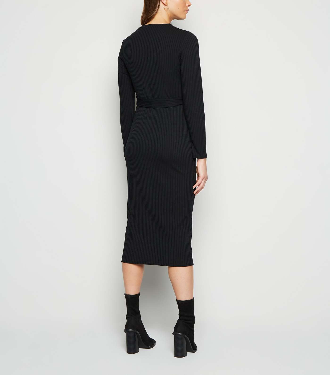 Black Ribbed Belted Midi Dress Image 2