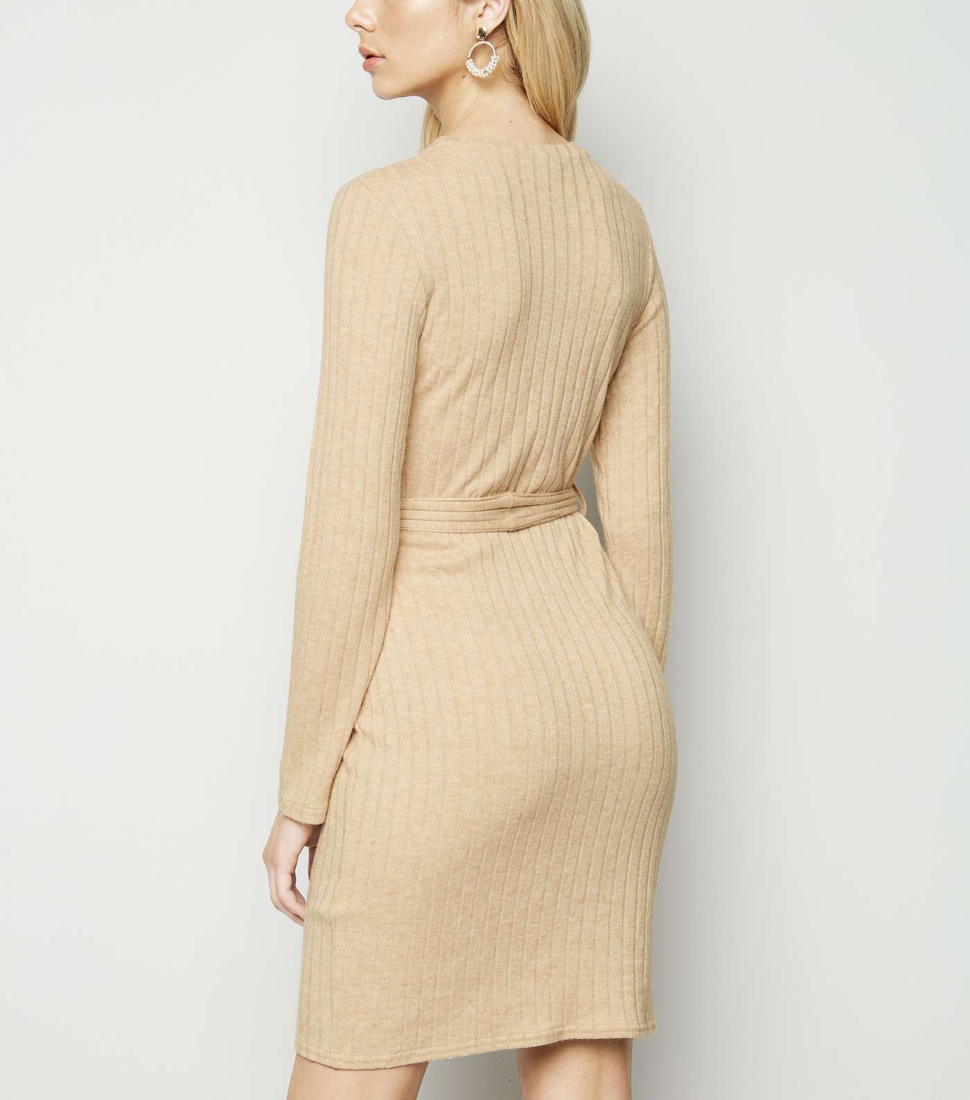 Cream Ribbed Knit Belted Mini Dress Image 3