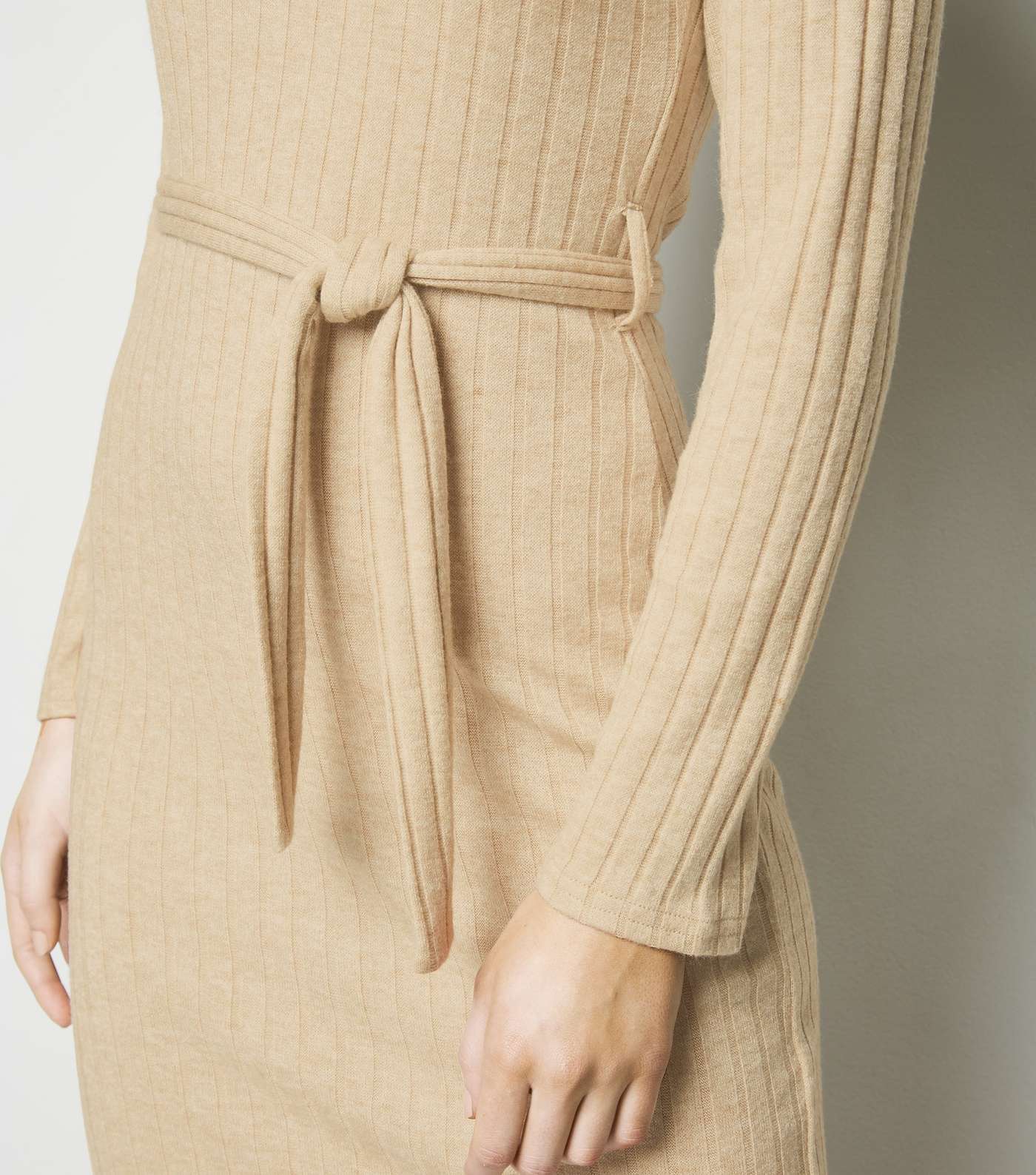 Cream Ribbed Knit Belted Mini Dress Image 5