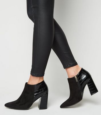 Image of Black Suedette Block Heel Shoe Boots New Look Vegan