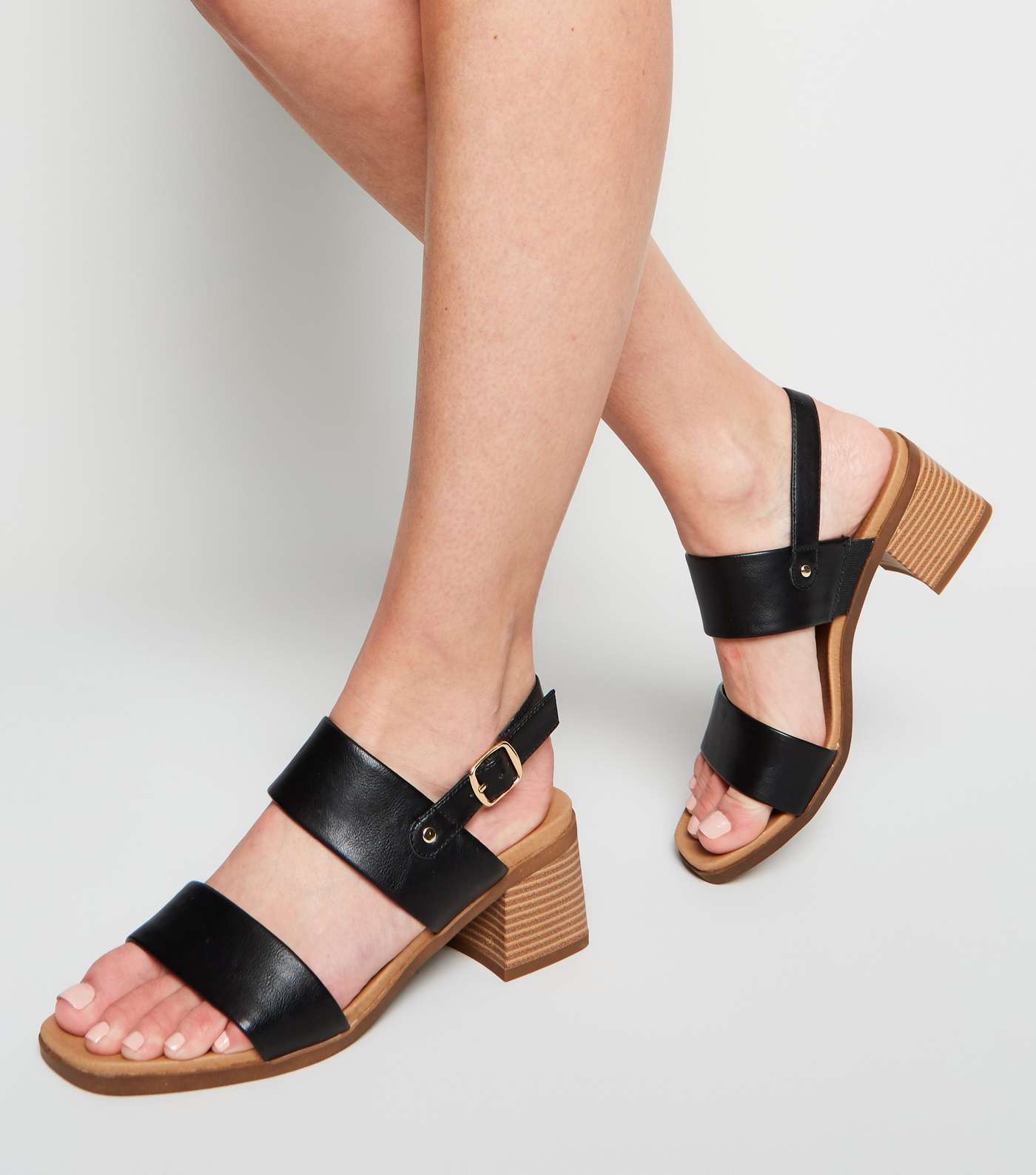 Black Leather-Look 2 Strap Block Heel Sandals Image 2