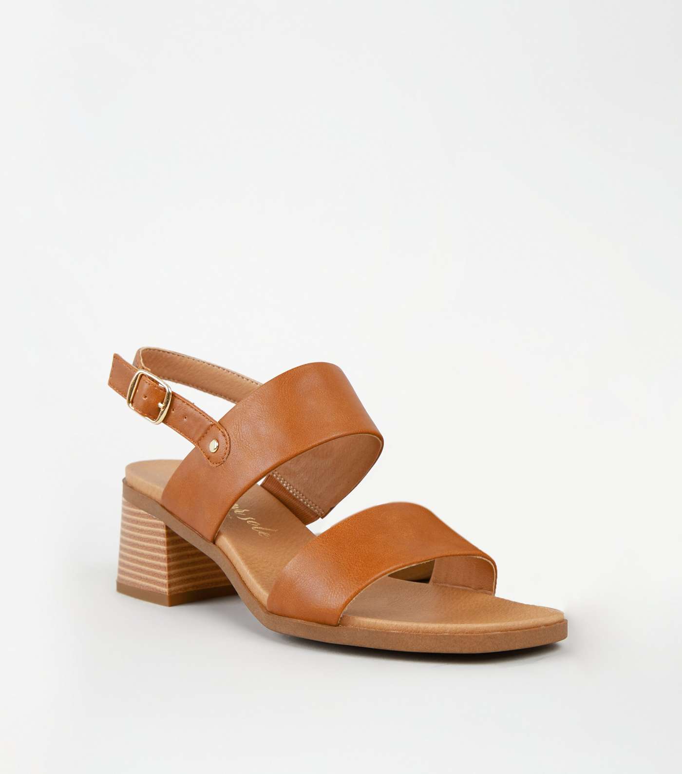 Tan Leather-Look 2 Strap Block Heel Sandals