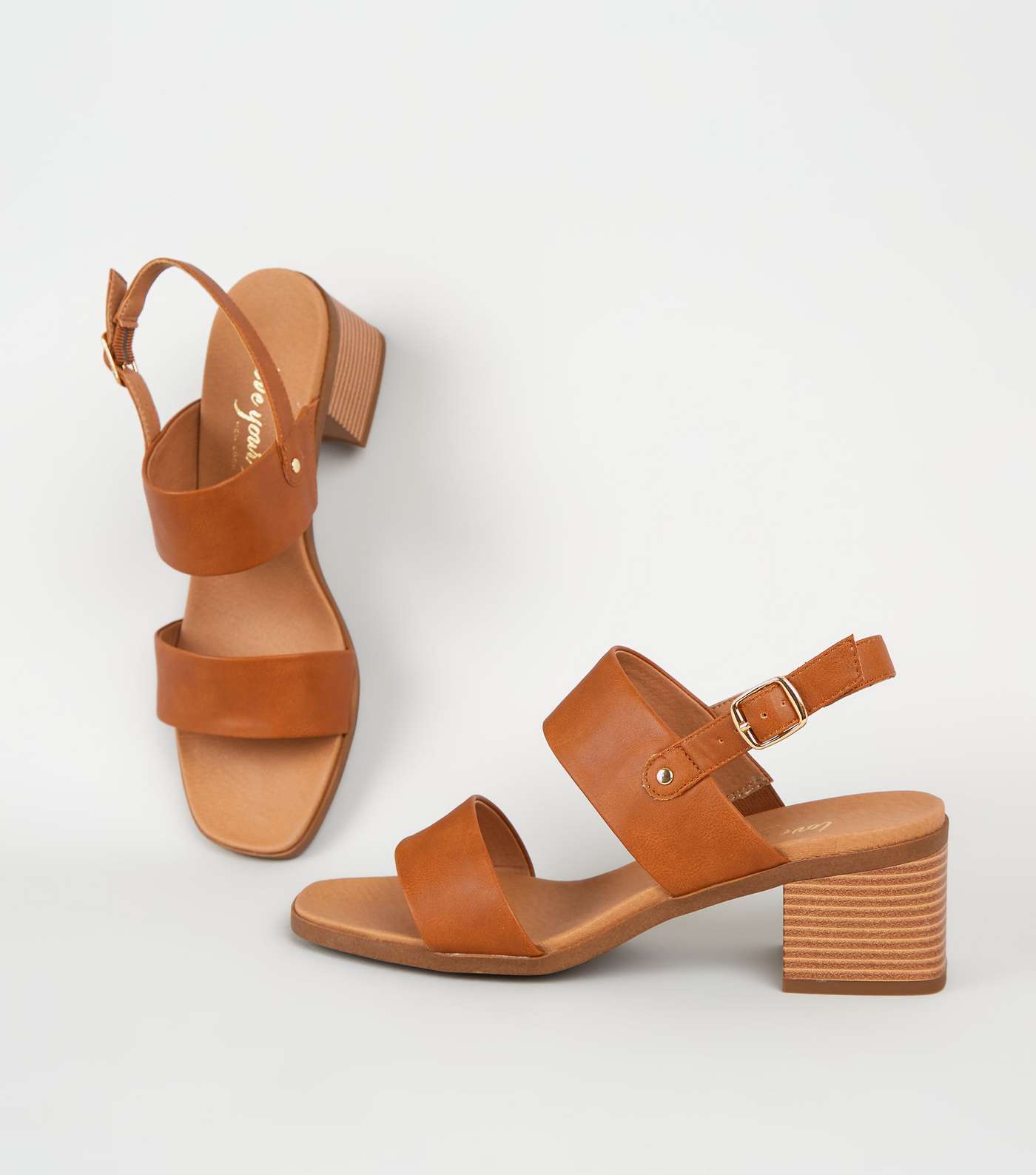Tan Leather-Look 2 Strap Block Heel Sandals Image 3