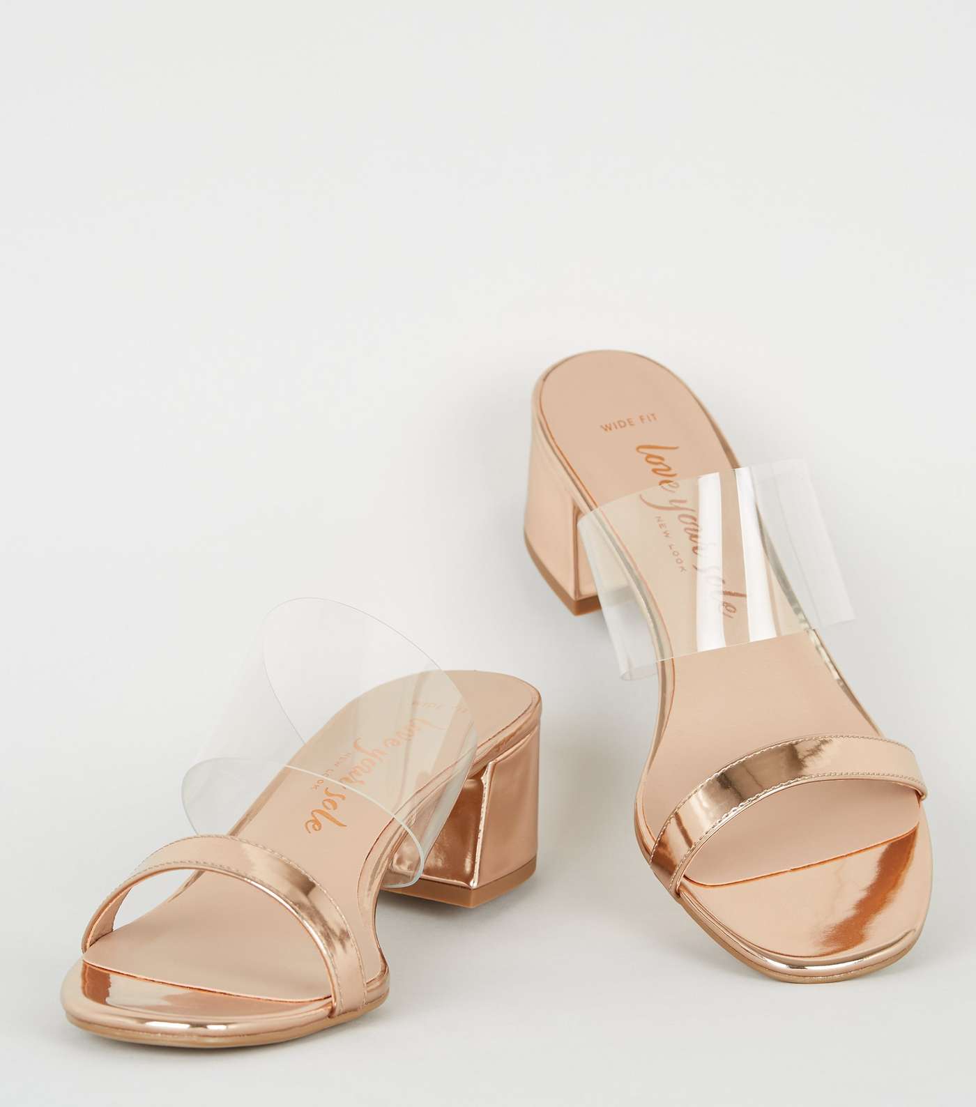Wide Fit Rose Gold Metallic Clear Strap Mules Image 3