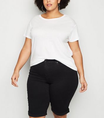 Image of Curves Black 'Lift & Shape' Denim Knee Shorts New Look