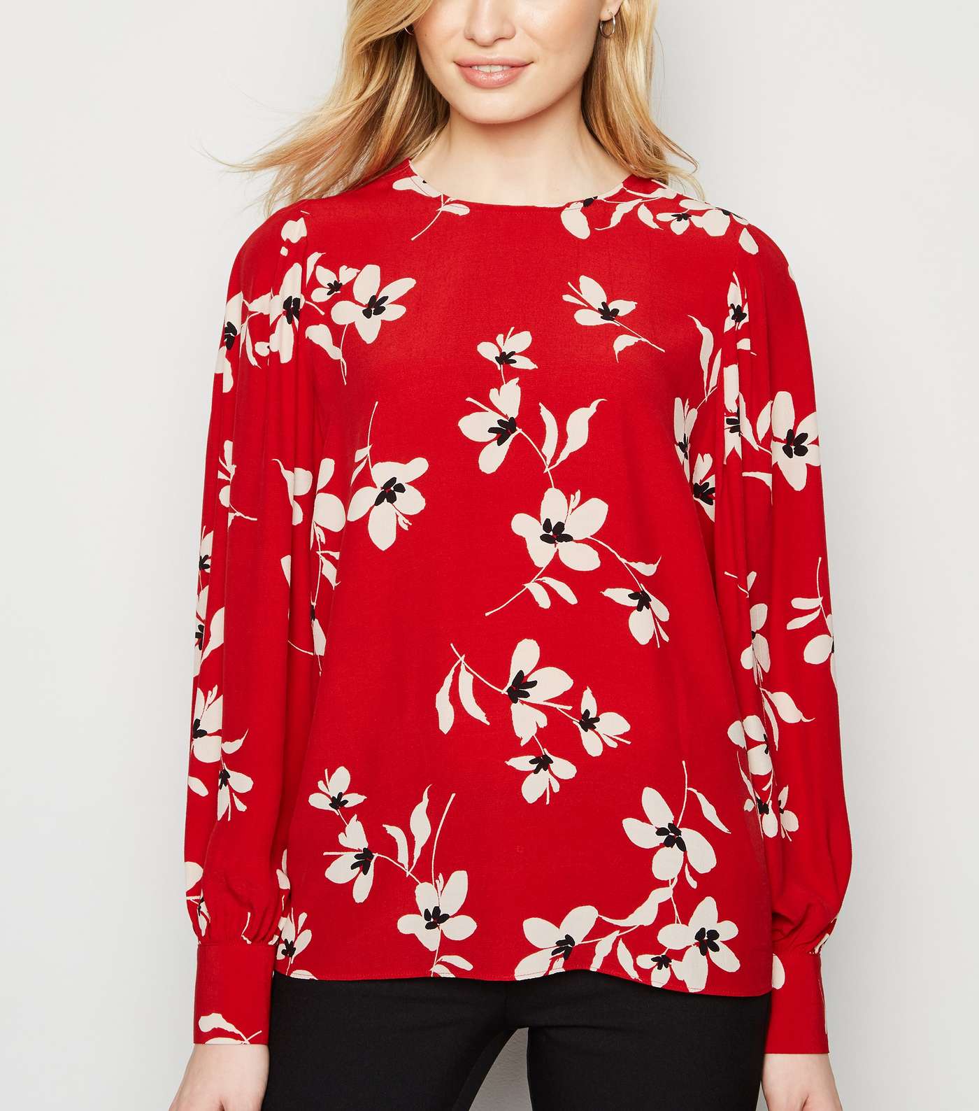Red Floral Puff Sleeve Blouse