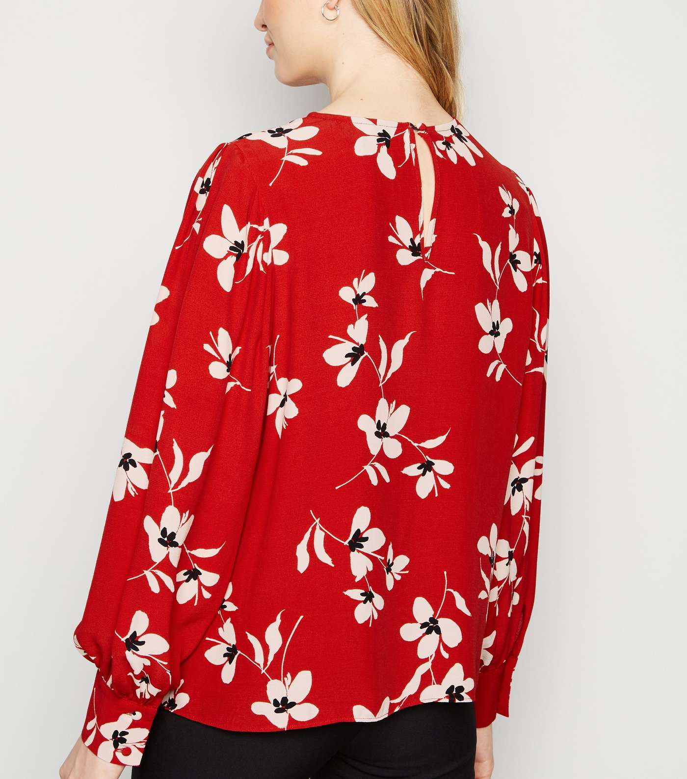 Red Floral Puff Sleeve Blouse Image 3
