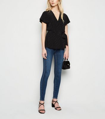 Image of Black Jacquard Spot Peplum Wrap Top New Look