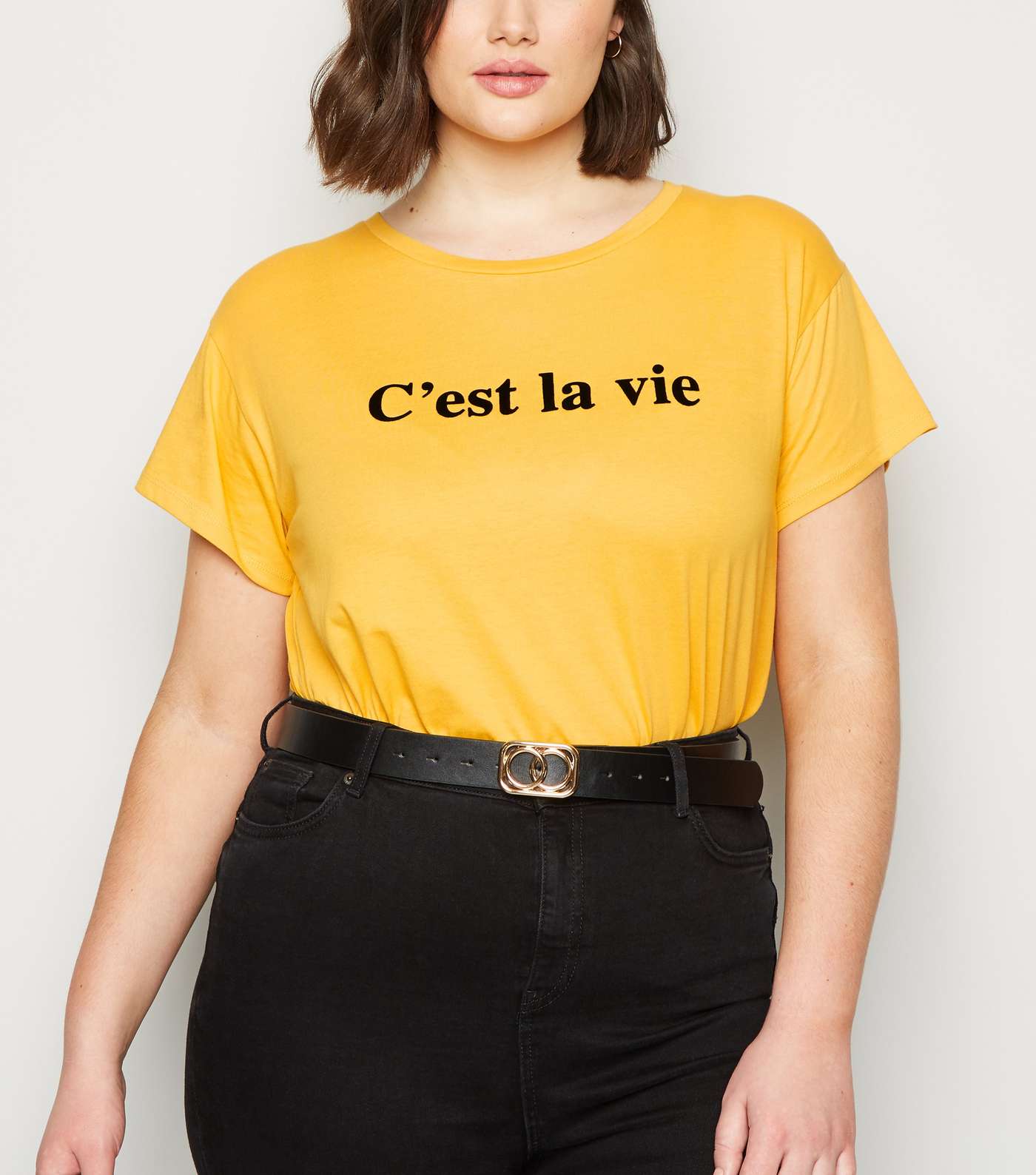 Curves Mustard C'est La Vie Slogan T-Shirt