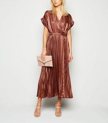 Image of Rust Stripe Satin Pleated Midi Dress New Look