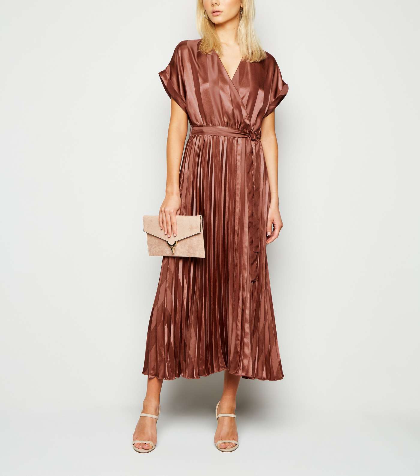 Rust Stripe Satin Pleated Midi Dress